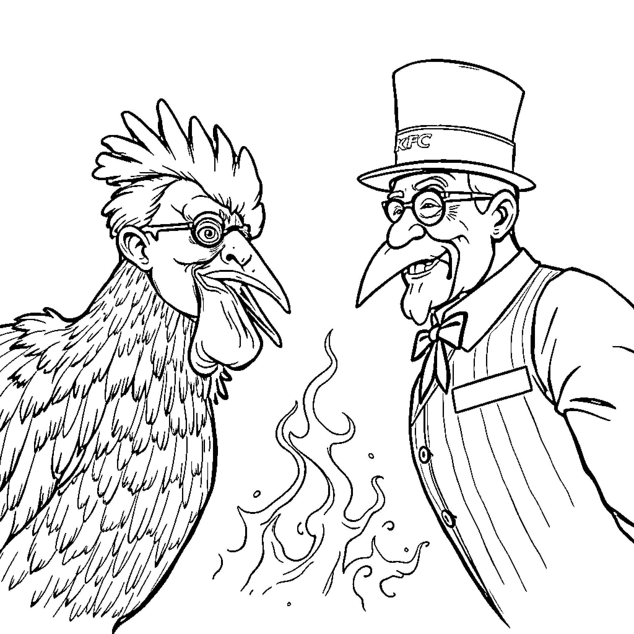 Chicken characters in whimsical outfits and expressions Coloring Page (free black-and-white line drawing printable PDF for all, from beginners to advanced learners, including children, teens, adults, and seniors)