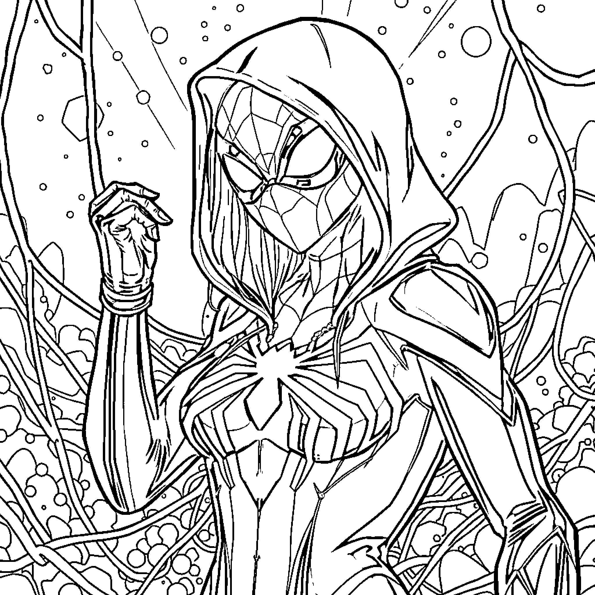 Gwen Stacey in heroic battle stance Coloring Page (free black-and-white line drawing printable PDF for all, from beginners to advanced learners, including children, teens, adults, and seniors)