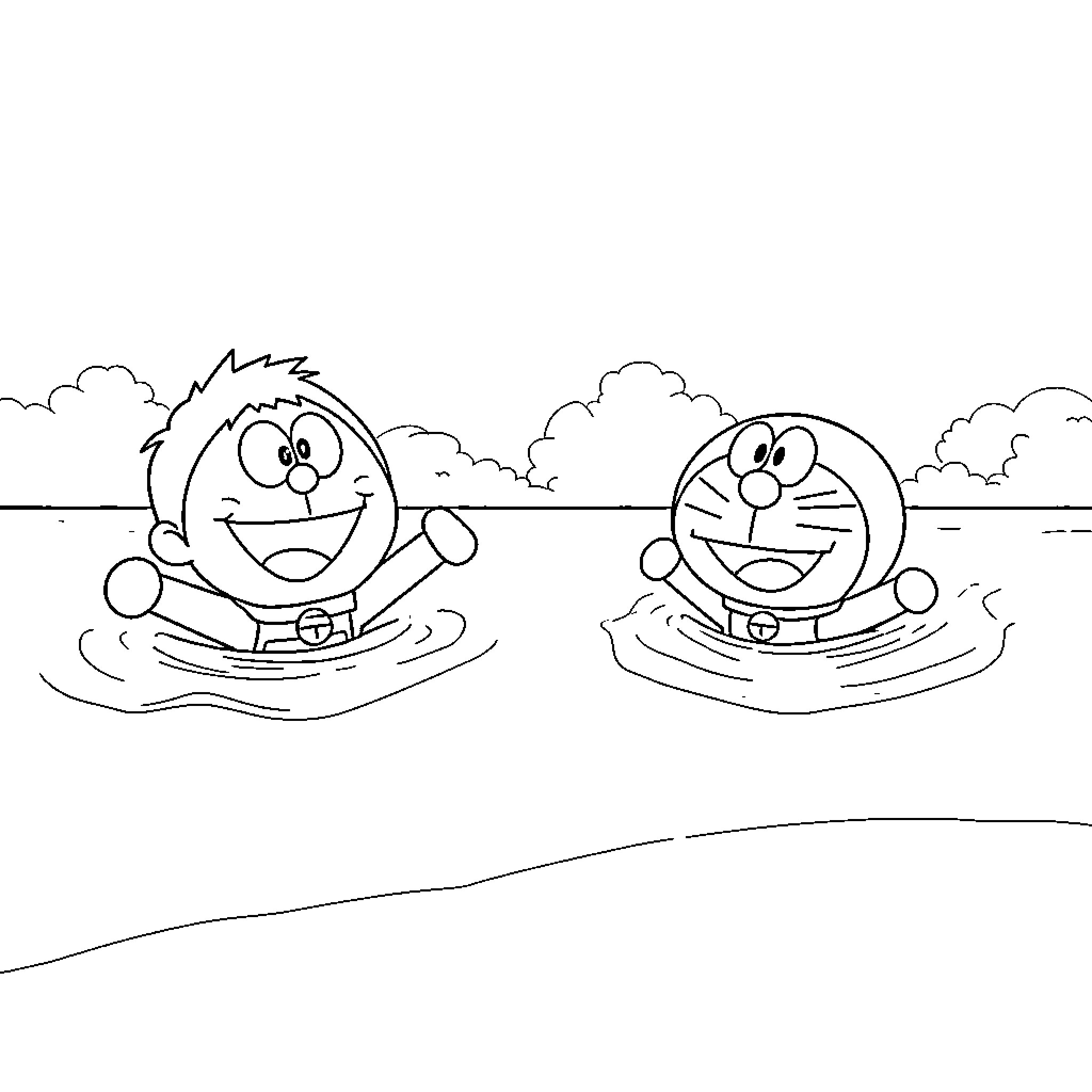 Nobita and Doraemon playing in the water Coloring Page (free black-and-white line drawing printable PDF for all, from beginners to advanced learners, including children, teens, adults, and seniors)