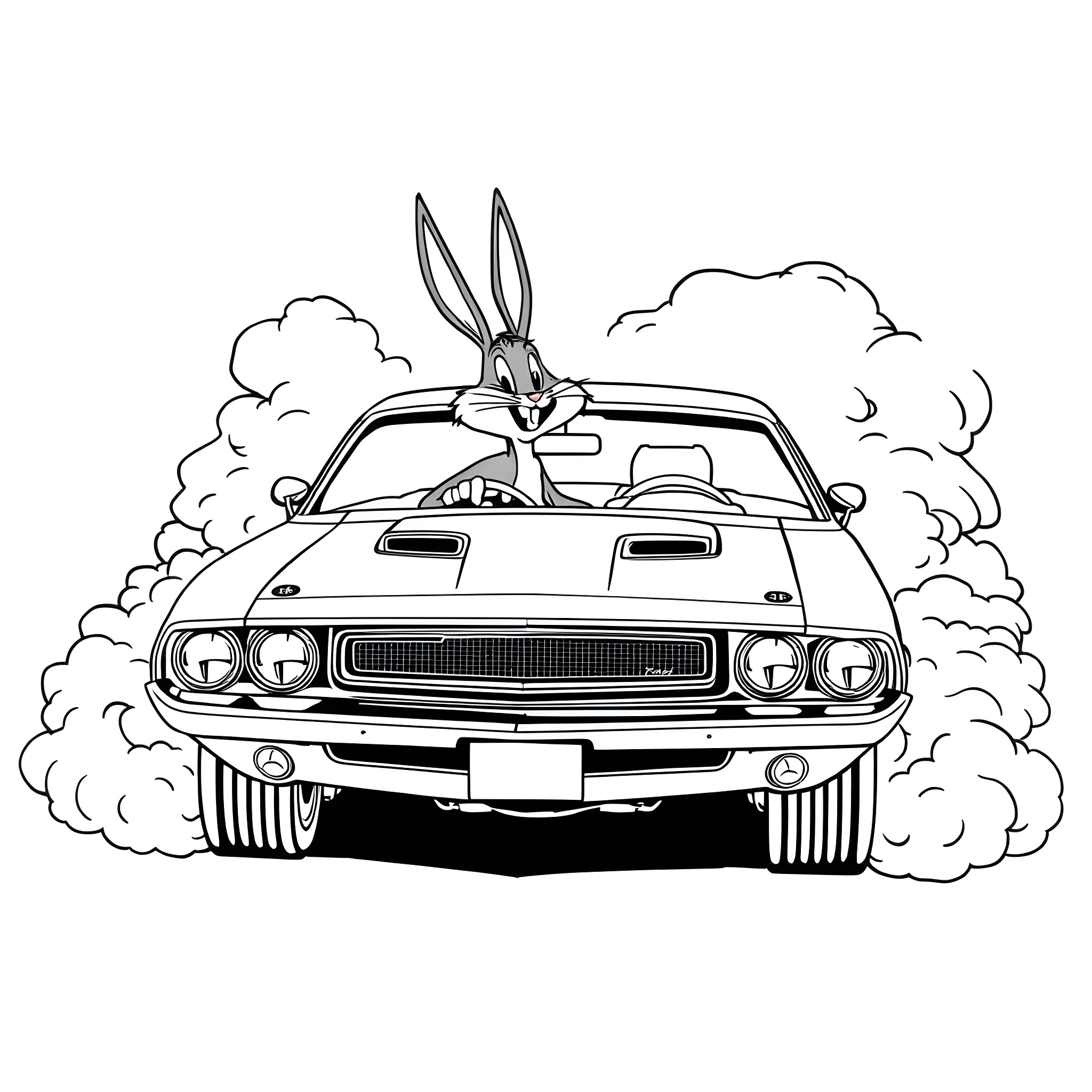 Dodge Challenger chasing Bugs Bunny through smoke Coloring Page (free black-and-white line drawing printable PDF for all, from beginners to advanced learners, including children, teens, adults, and seniors)