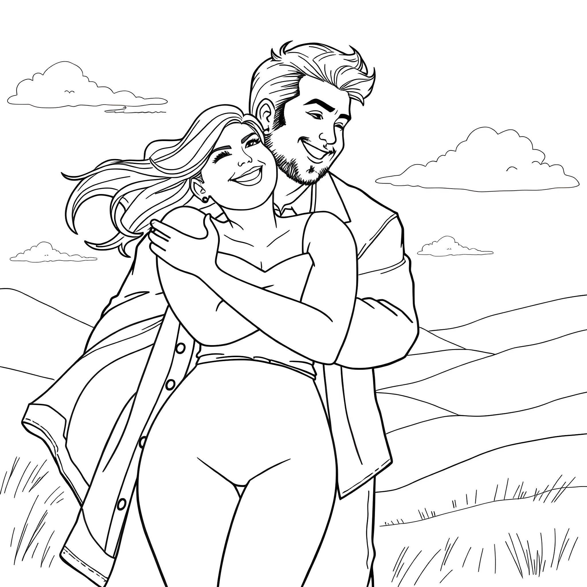 Man and woman embracing in a romantic scene Coloring Page (free black-and-white line drawing printable PDF for all, from beginners to advanced learners, including children, teens, adults, and seniors)