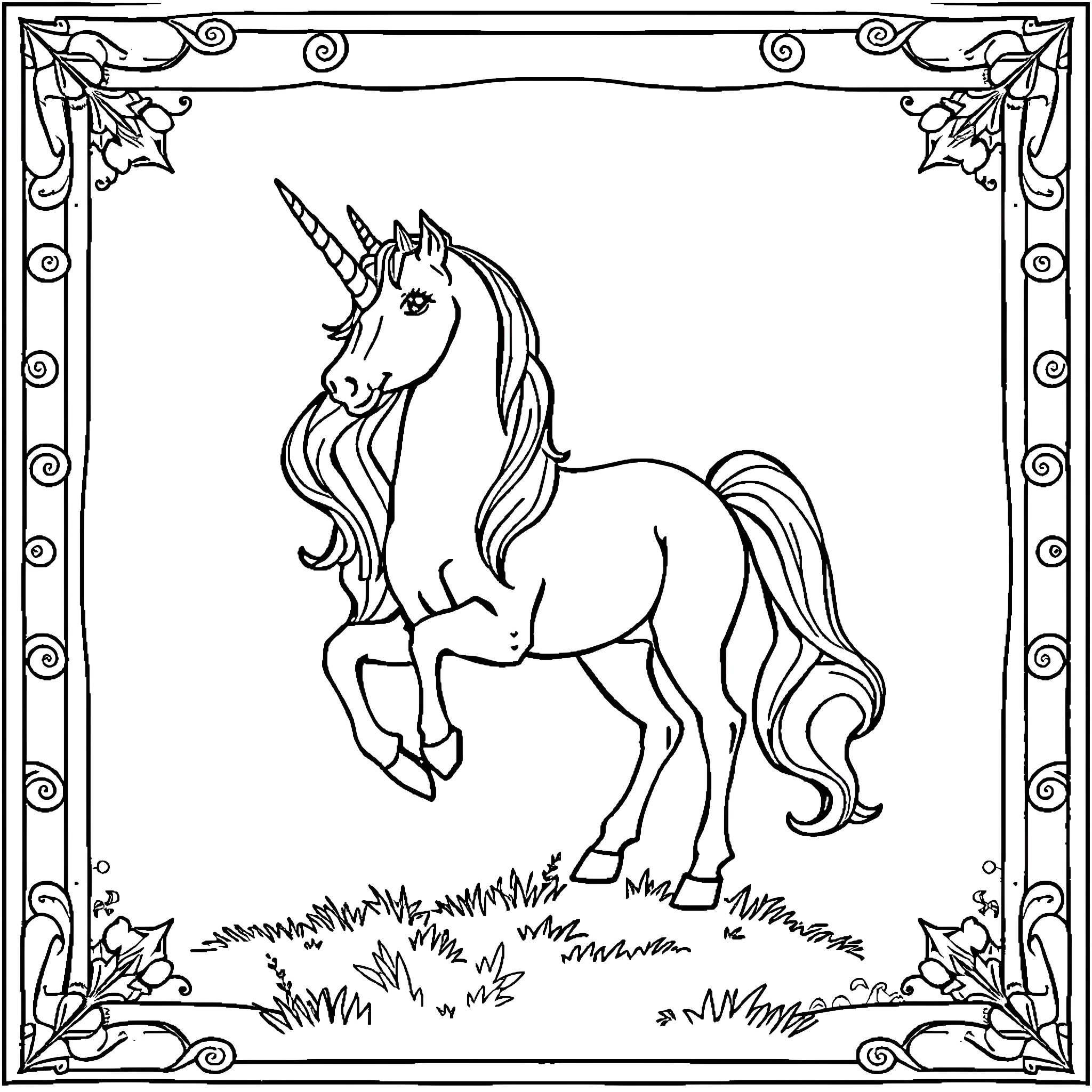 Unicorn standing proudly in a whimsical frame Coloring Page (free black-and-white line drawing printable PDF for all, from beginners to advanced learners, including children, teens, adults, and seniors)