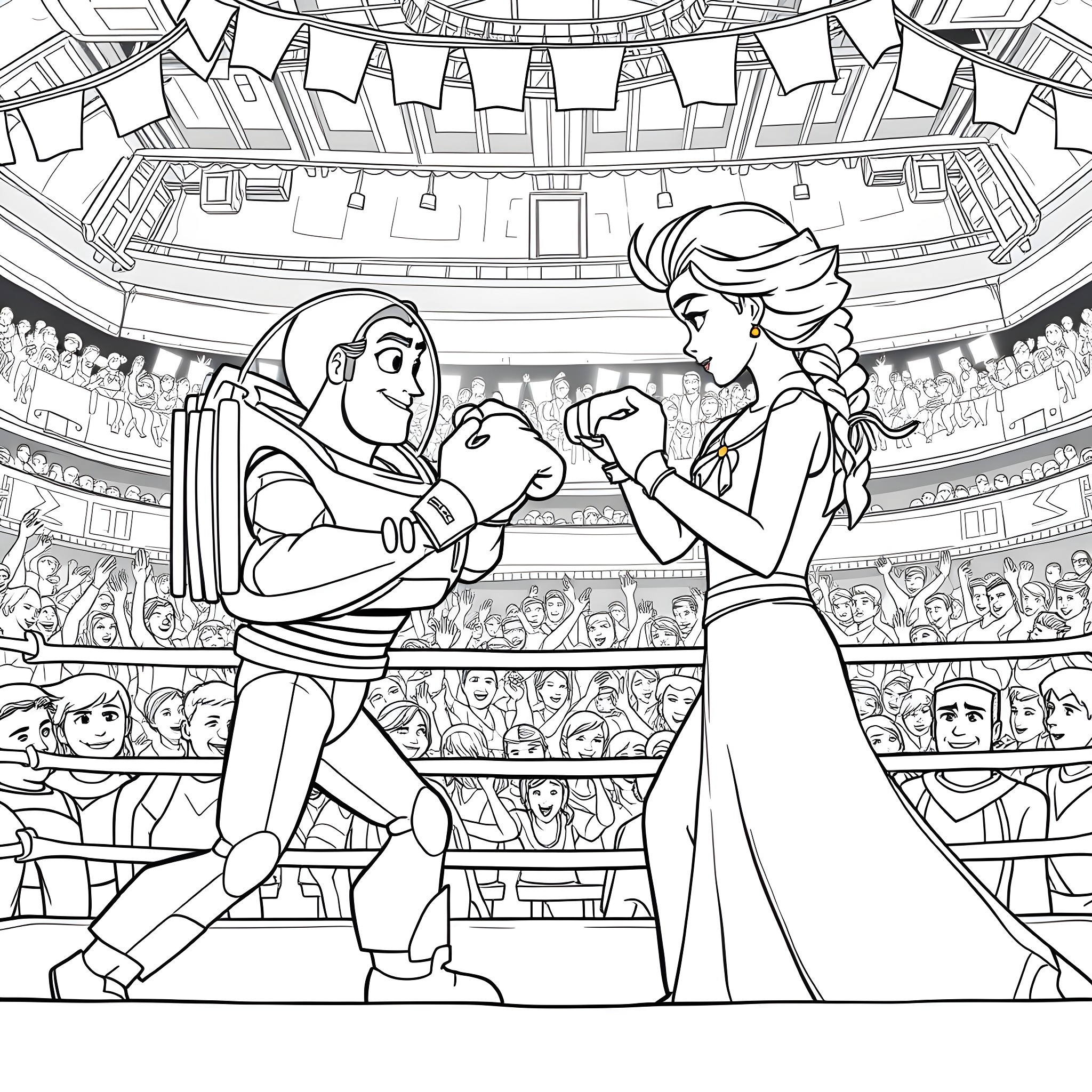 Elsa and Buzz Lightyear perform on stage Coloring Page (free black-and-white line drawing printable PDF for all, from beginners to advanced learners, including children, teens, adults, and seniors)