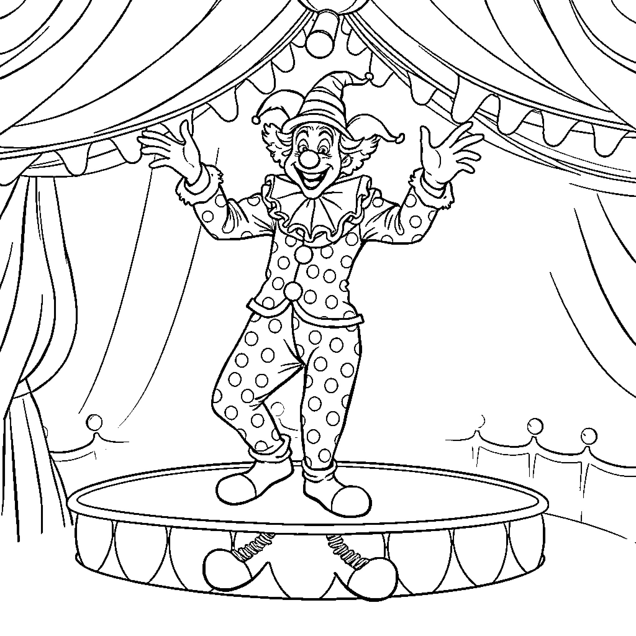 Clown performing entertaining tricks in the circus Coloring Page (free black-and-white line drawing printable PDF for all, from beginners to advanced learners, including children, teens, adults, and seniors)