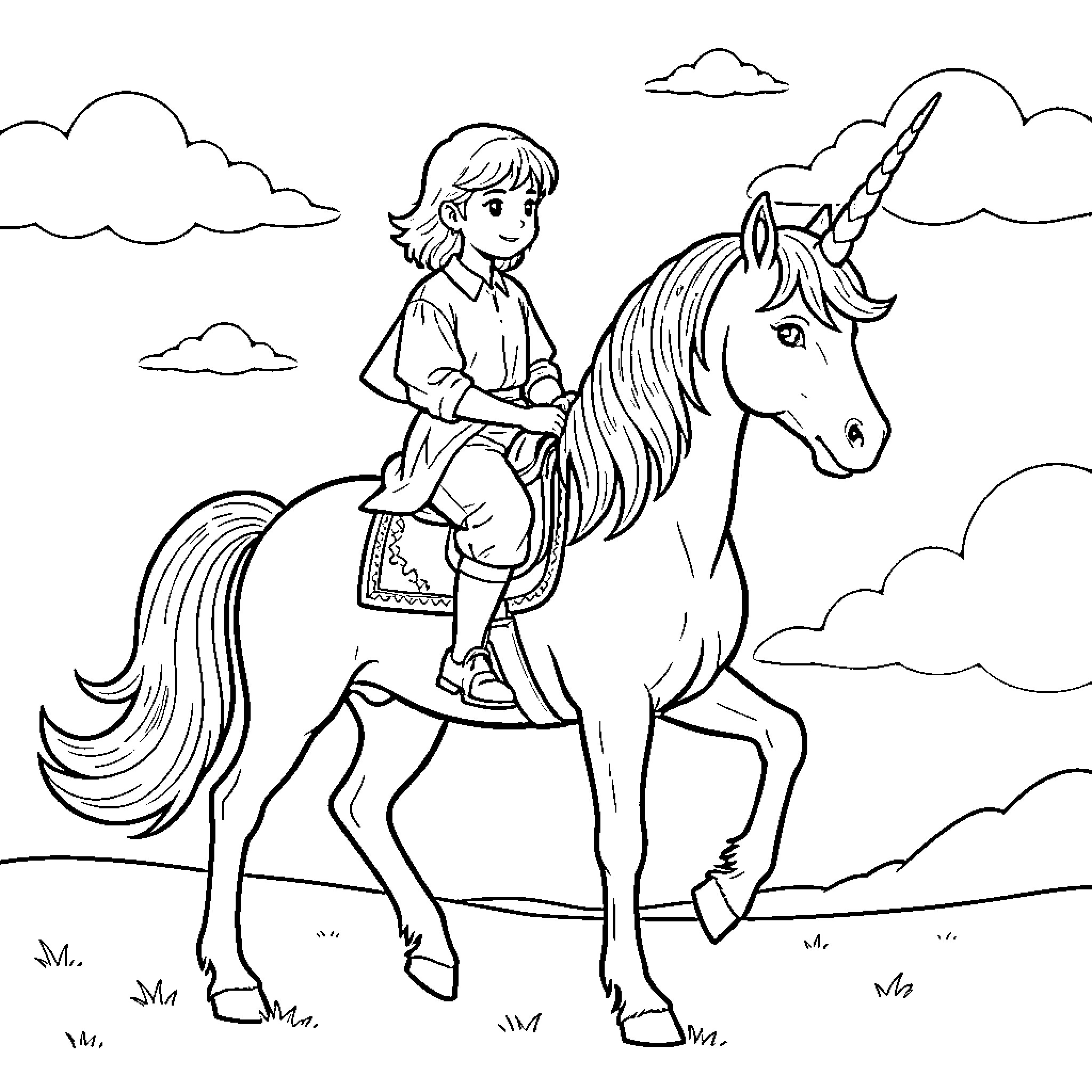 Rumy Rides a Magical Unicorn Coloring Page (free black-and-white line drawing printable PDF for all, from beginners to advanced learners, including children, teens, adults, and seniors)