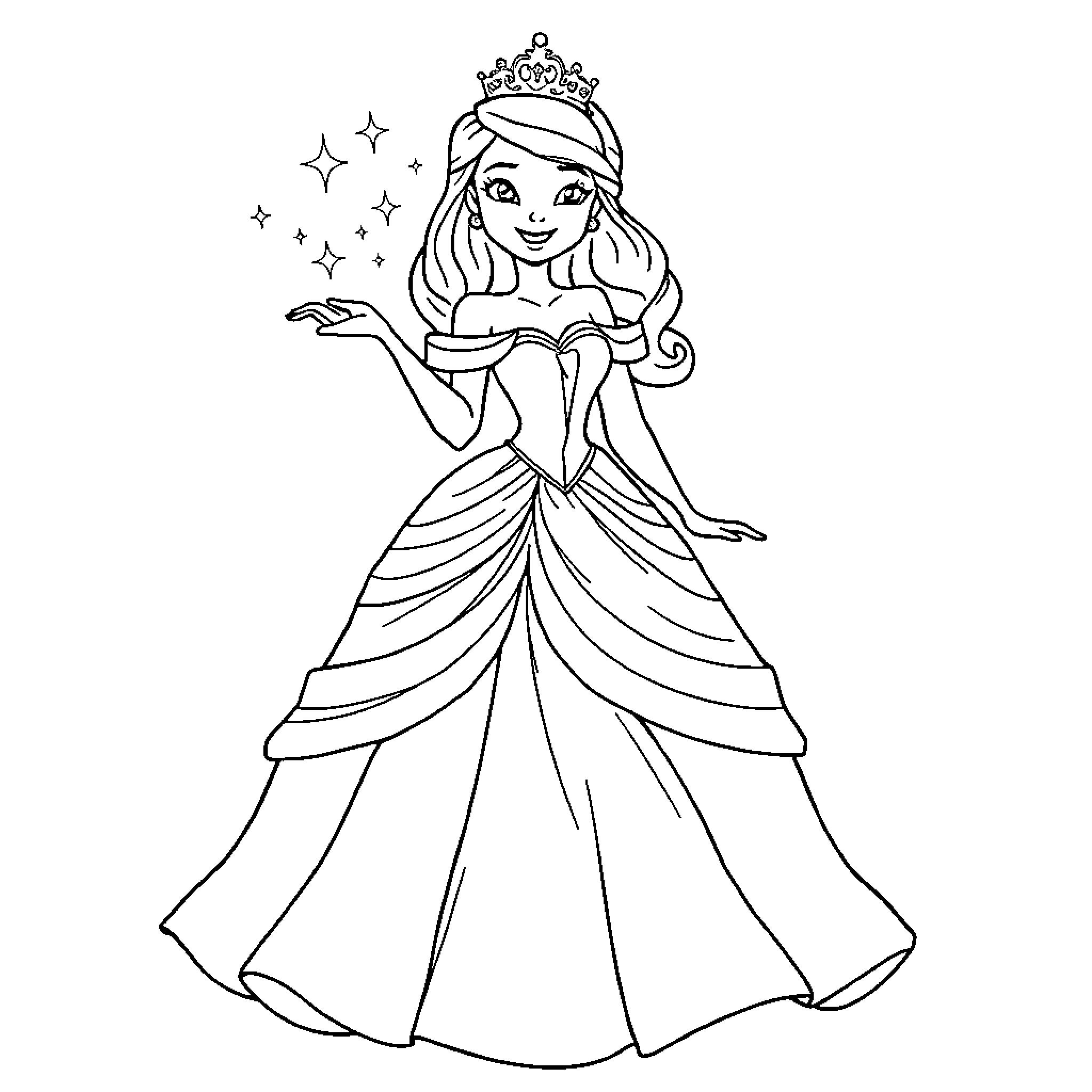 Princess posing elegantly in a fancy dress Coloring Page (free black-and-white line drawing printable PDF for all, from beginners to advanced learners, including children, teens, adults, and seniors)