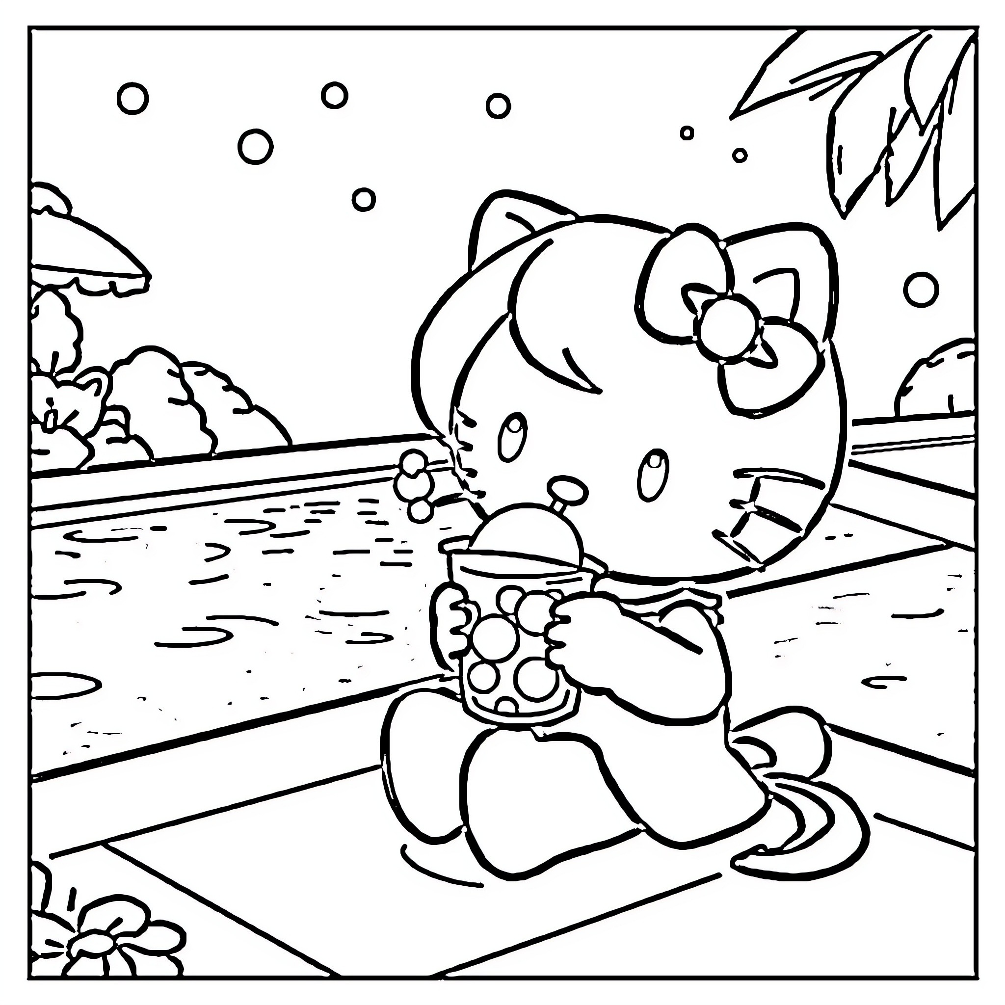 Kuromi enjoying a beach day Coloring Page (free black-and-white line drawing printable PDF for all, from beginners to advanced learners, including children, teens, adults, and seniors)
