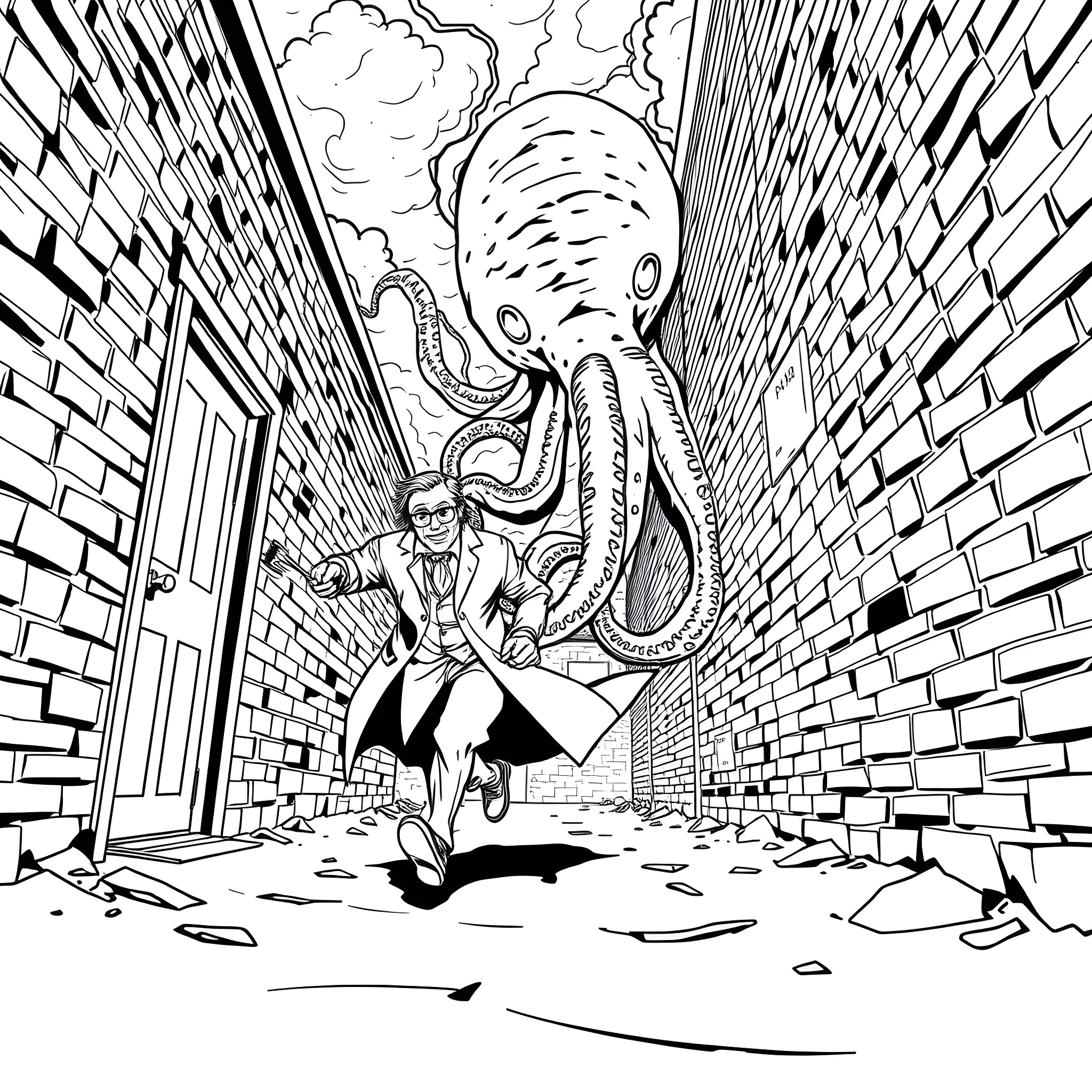 Doctor Confronting a Monstrous Octopus in the Alley Coloring Page (free black-and-white line drawing printable PDF for all, from beginners to advanced learners, including children, teens, adults, and seniors)