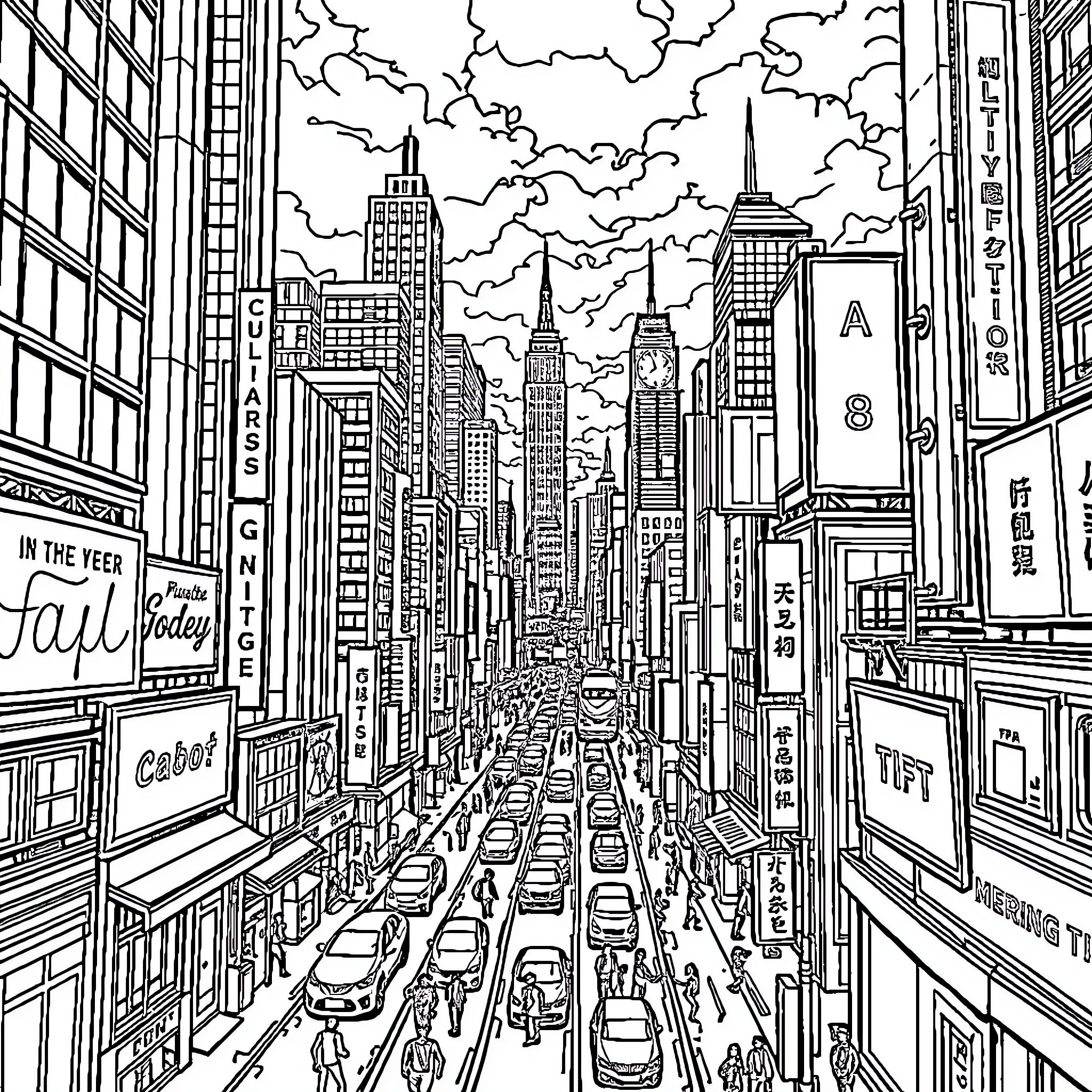 Kota's Journey through the Bustling City Streets Coloring Page (free black-and-white line drawing printable PDF for all, from beginners to advanced learners, including children, teens, adults, and seniors)