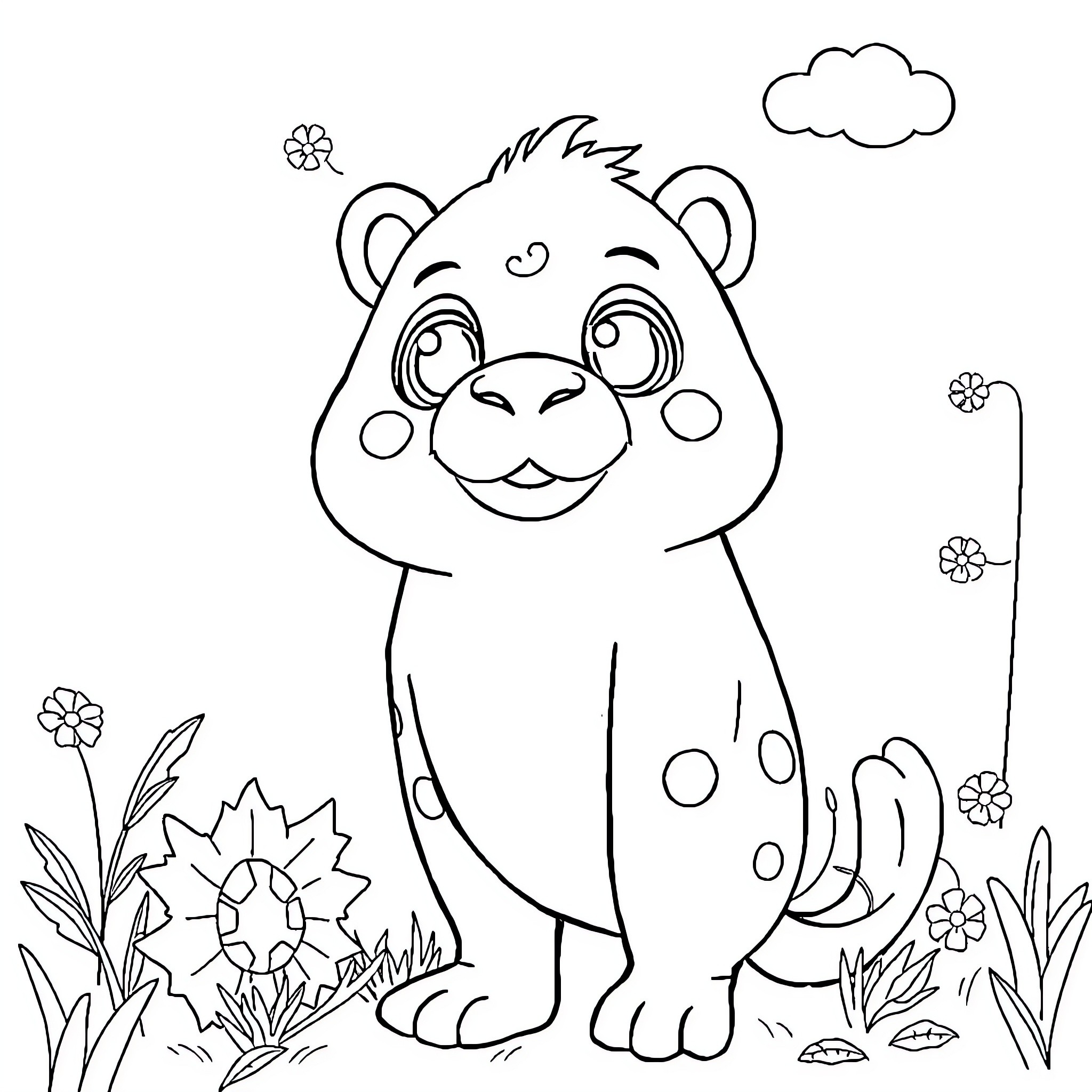 Lububu's Happy Panda in Blooming Meadow Coloring Page (free black-and-white line drawing printable PDF for all, from beginners to advanced learners, including children, teens, adults, and seniors)
