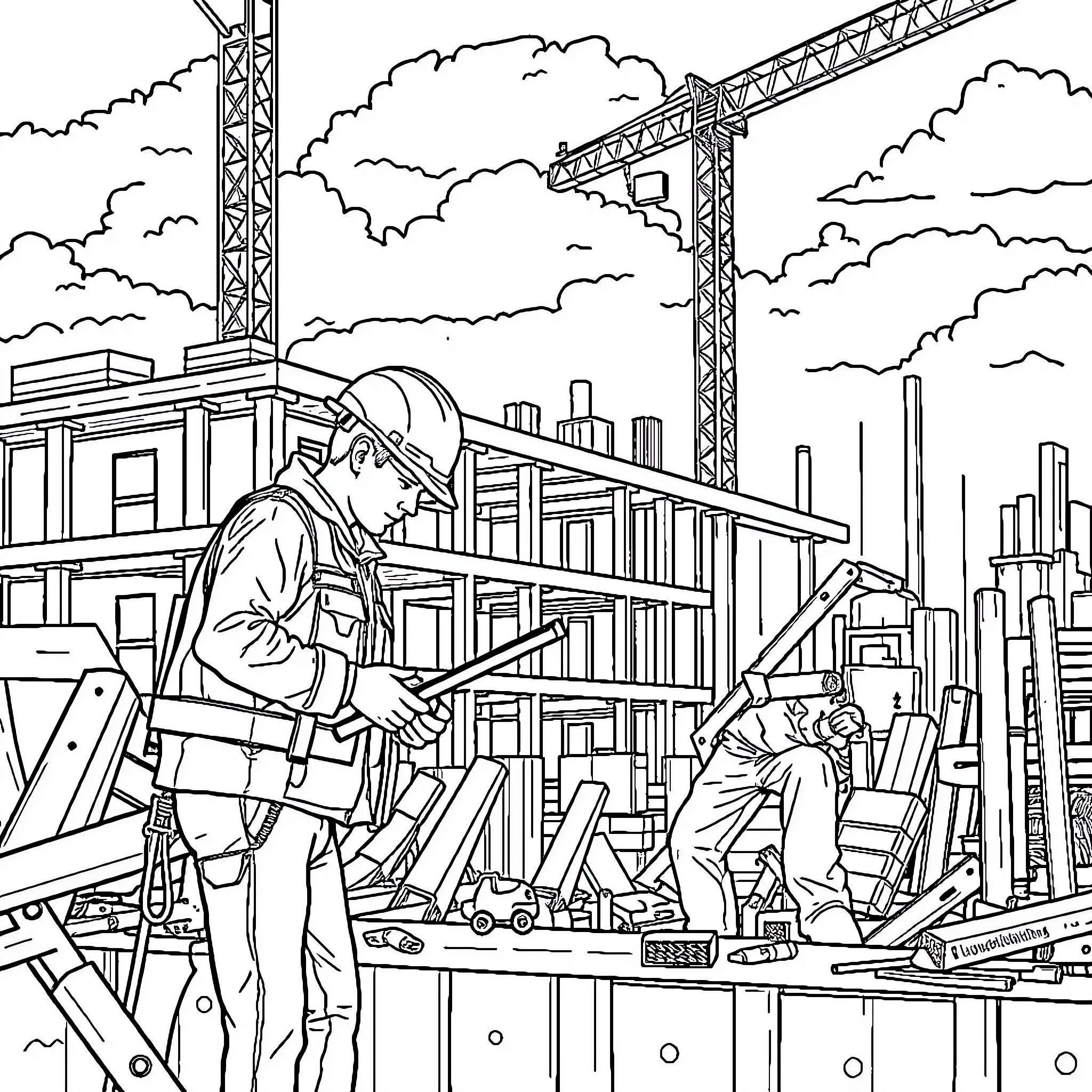 Construction Equipment: Workers Building a Structure Coloring Page (free black-and-white line drawing printable PDF for all, from beginners to advanced learners, including children, teens, adults, and seniors)