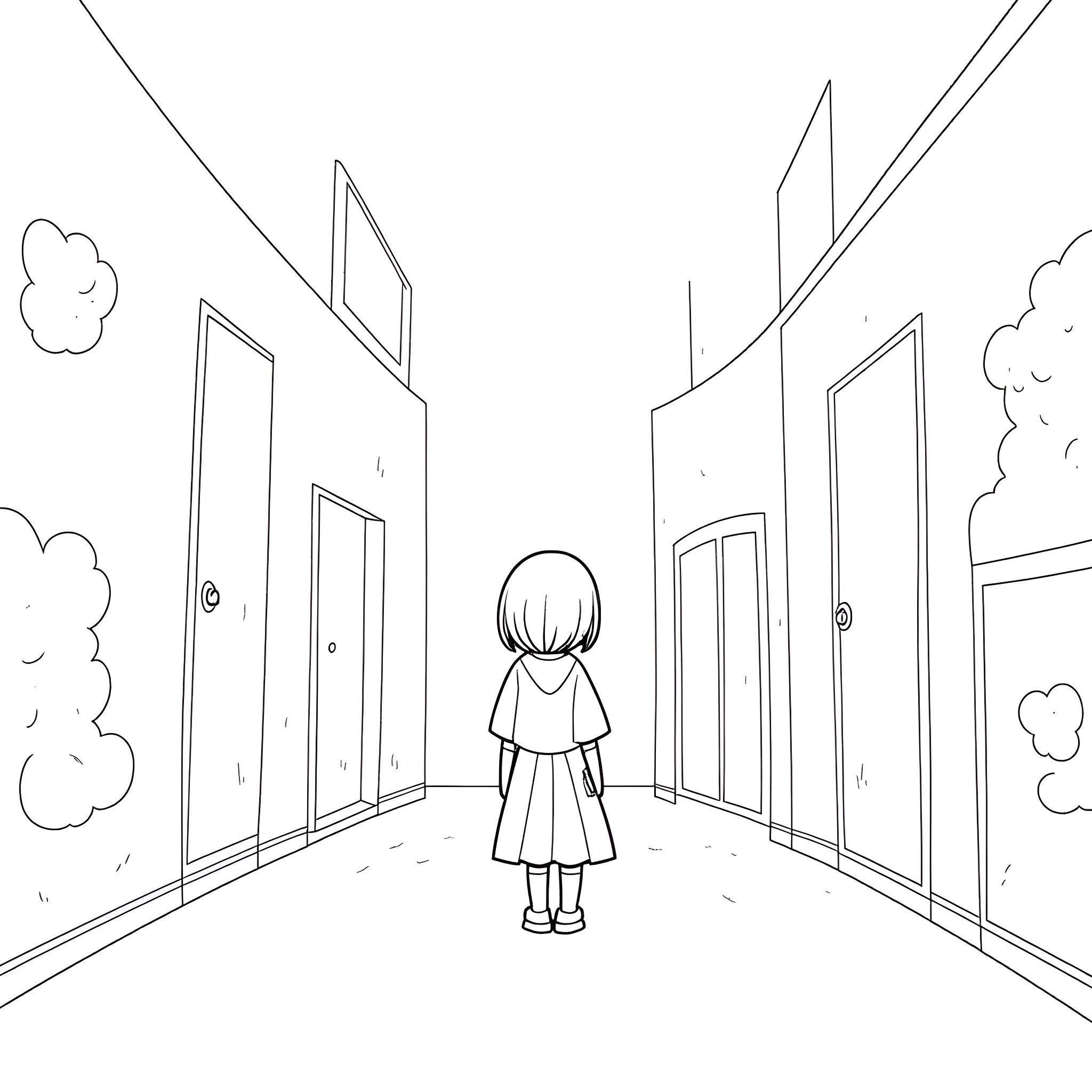 Yume Nikki: Solitary figure in a surreal hallway Coloring Page (free black-and-white line drawing printable PDF for all, from beginners to advanced learners, including children, teens, adults, and seniors)