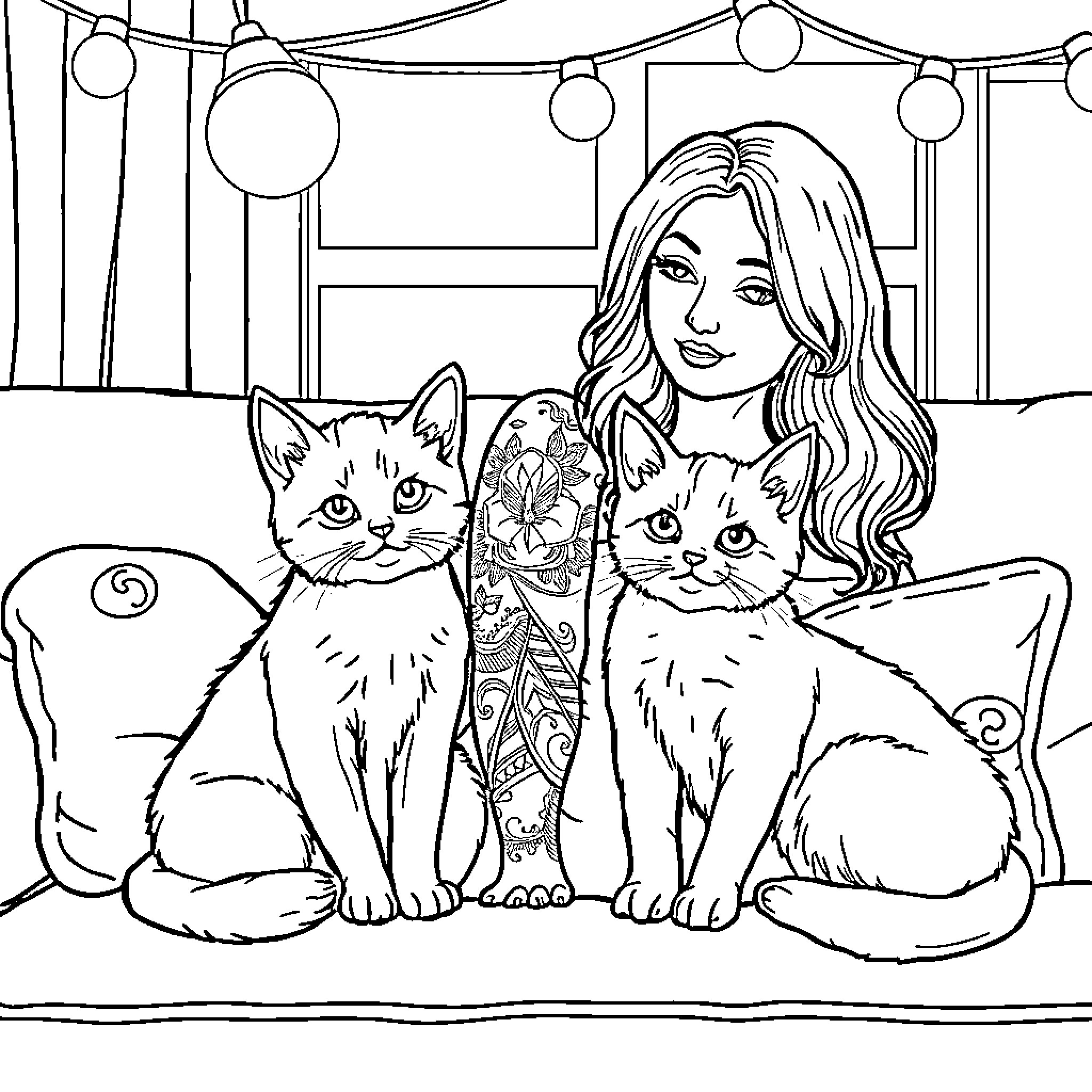 Kitty's Cozy Night with Owner Coloring Page (free black-and-white line drawing printable PDF for all, from beginners to advanced learners, including children, teens, adults, and seniors)