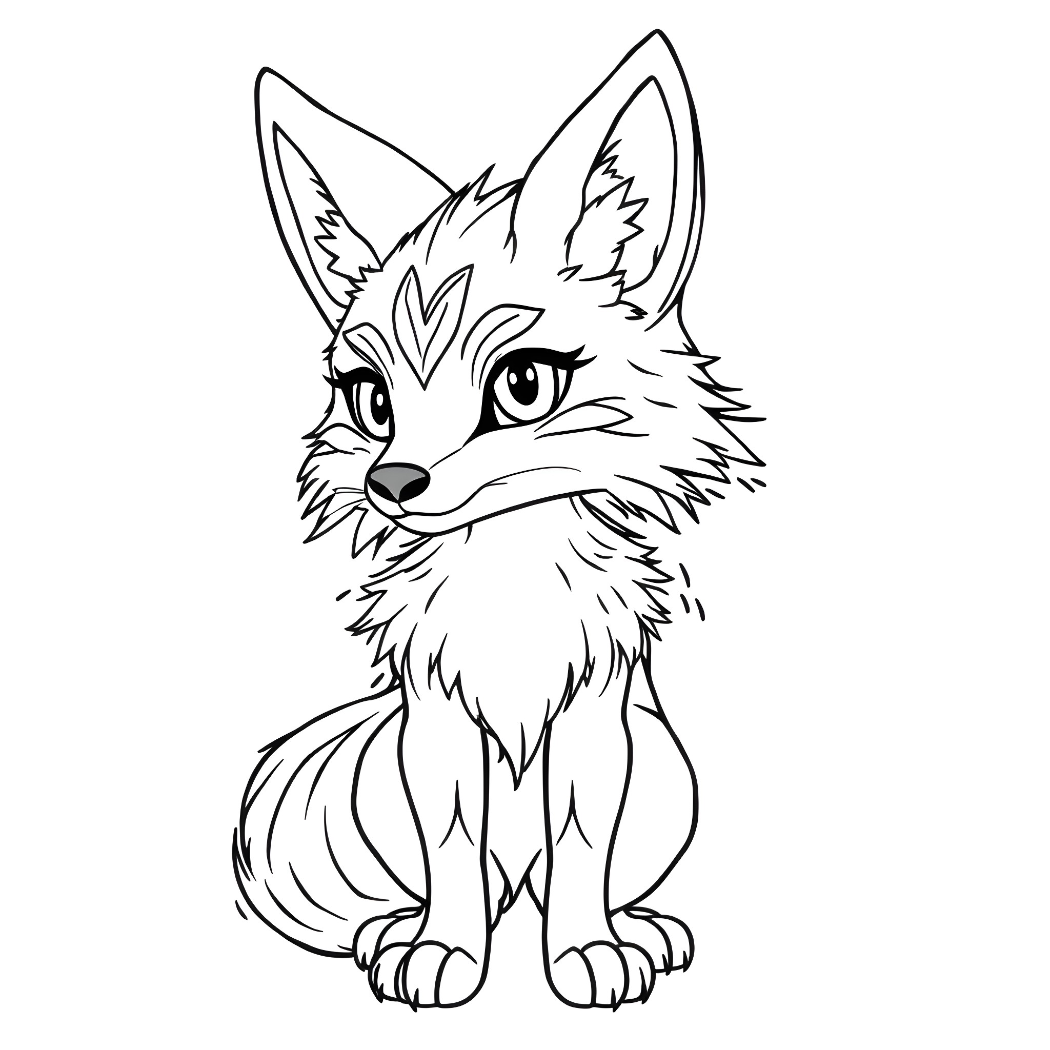Fox with expressive eyes and fluffy fur Coloring Page (free black-and-white line drawing printable PDF for all, from beginners to advanced learners, including children, teens, adults, and seniors)