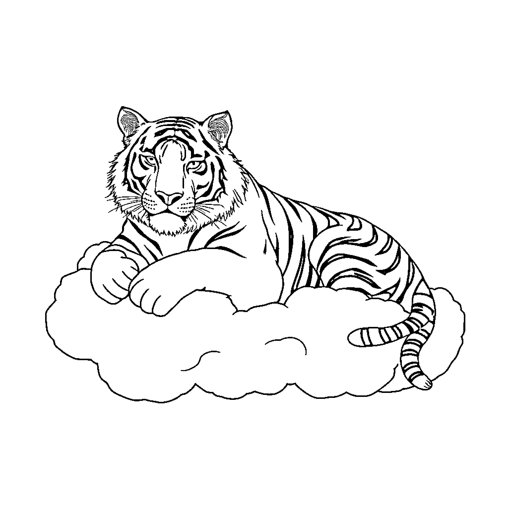 Tiger resting peacefully on a cloud Coloring Page (free black-and-white line drawing printable PDF for all, from beginners to advanced learners, including children, teens, adults, and seniors)