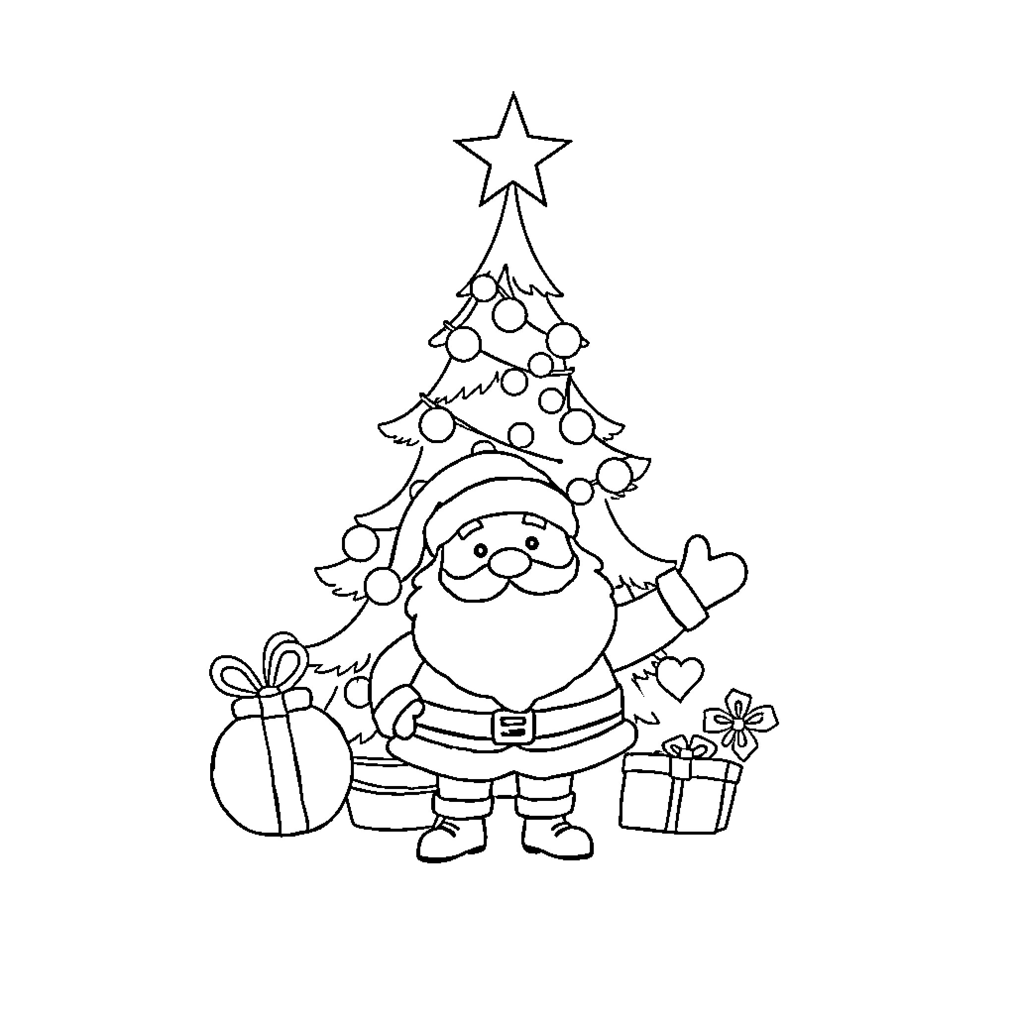 Christmas Santa with tree and gifts Coloring Page (free black-and-white line drawing printable PDF for all, from beginners to advanced learners, including children, teens, adults, and seniors)