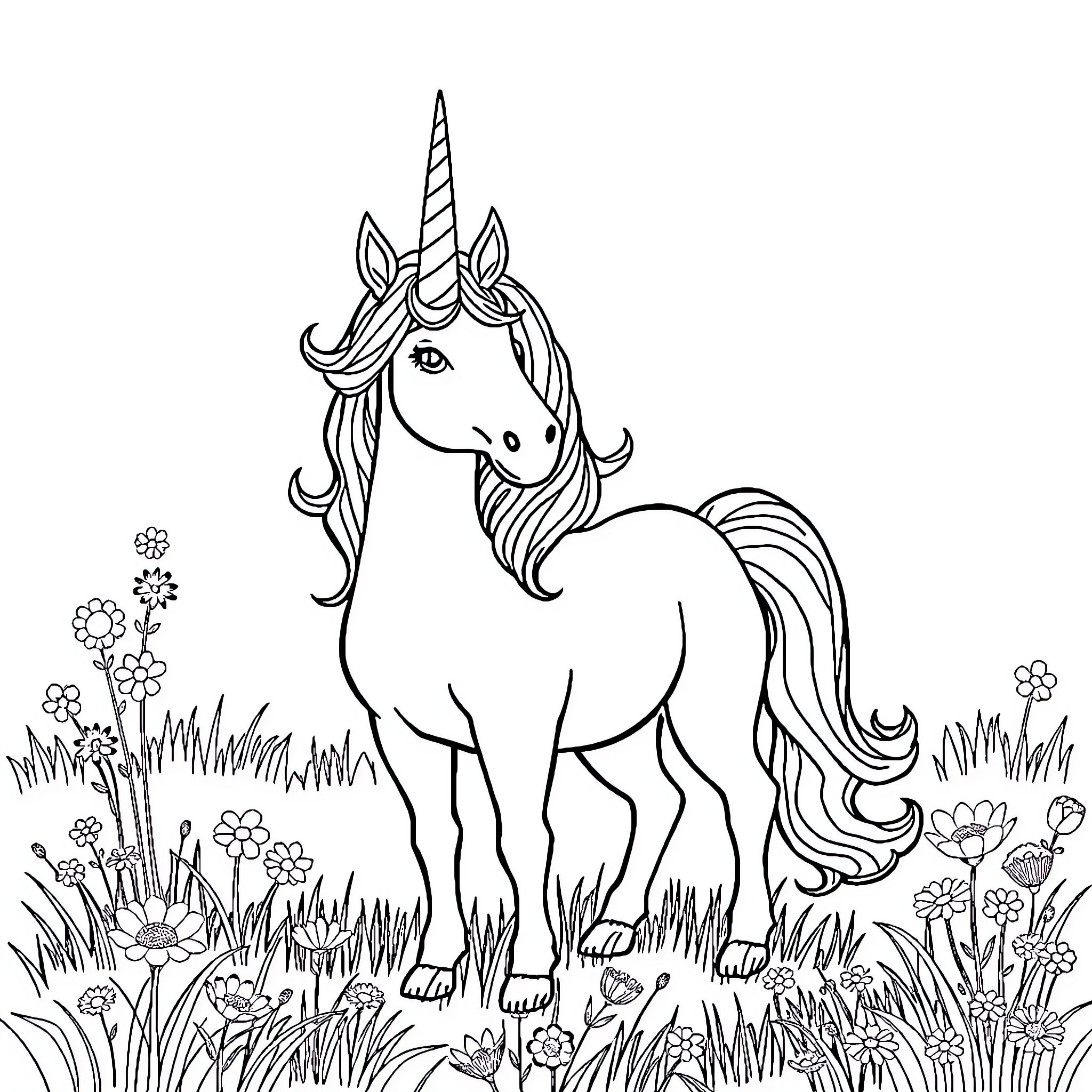 Unicorn resting peacefully in a floral meadow Coloring Page (free black-and-white line drawing printable PDF for all, from beginners to advanced learners, including children, teens, adults, and seniors)