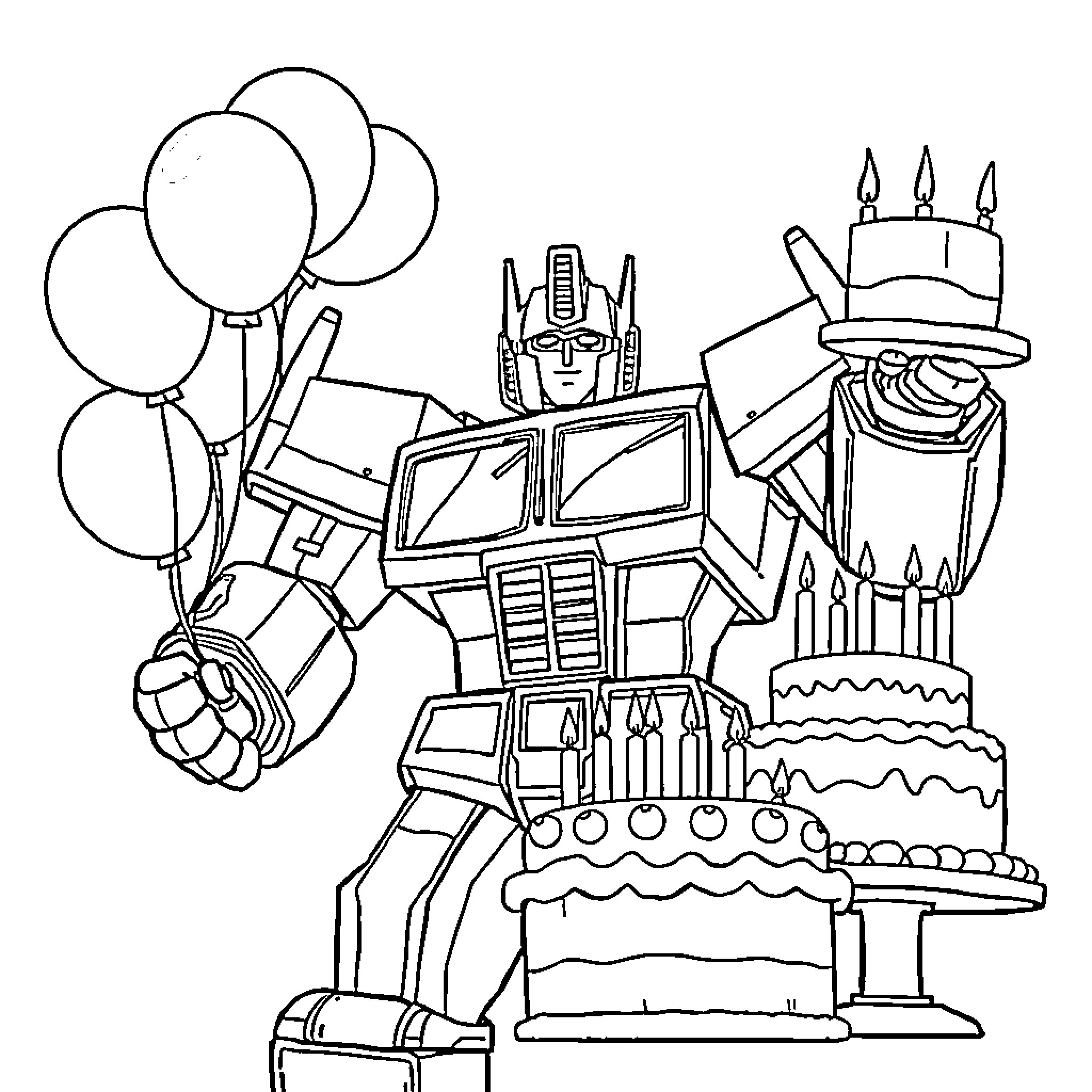 Optimus Prime's Birthday Celebration Coloring Page (free black-and-white line drawing printable PDF for all, from beginners to advanced learners, including children, teens, adults, and seniors)