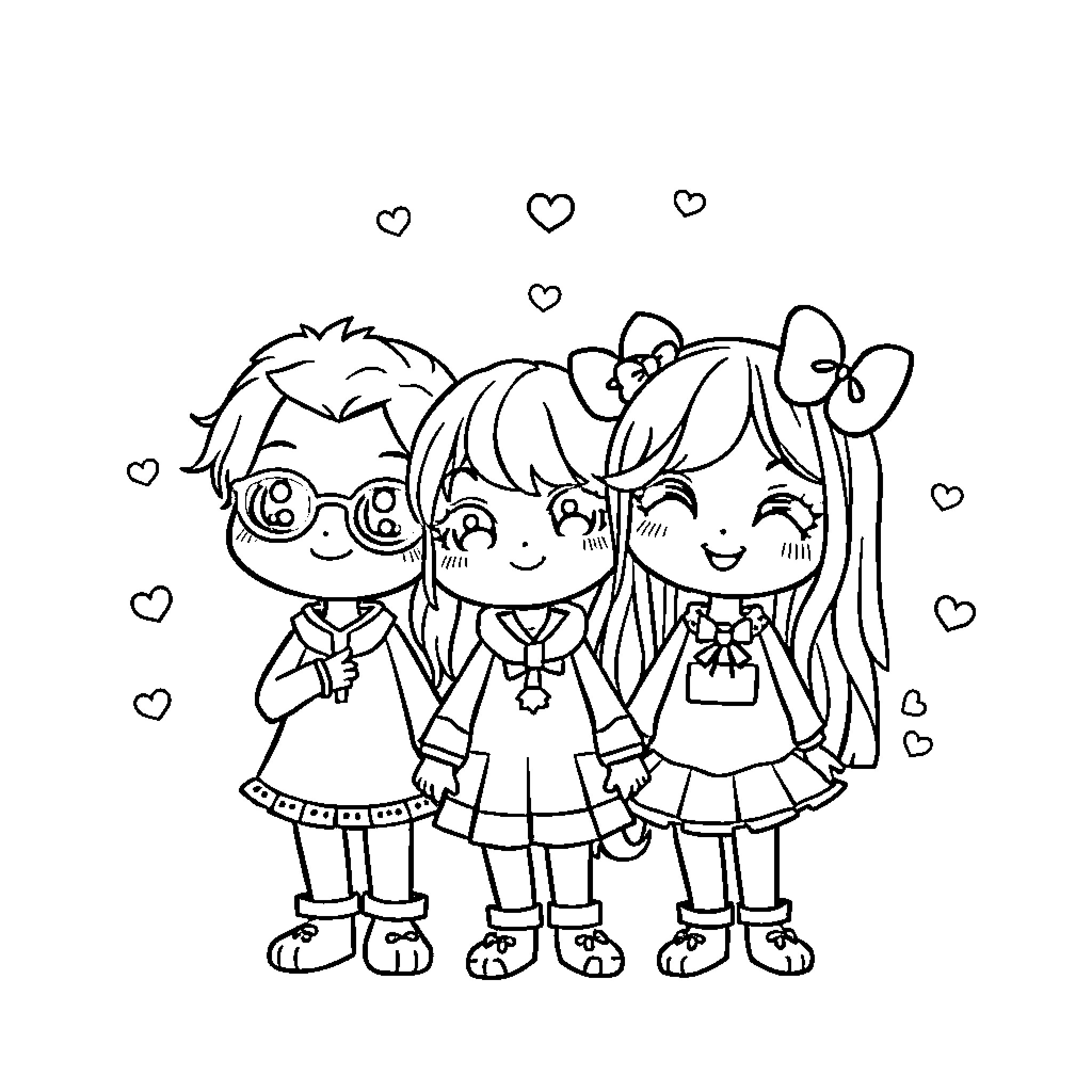 Kawaii Friends Enjoying Friendship and Cute Outfits Coloring Page (free black-and-white line drawing printable PDF for all, from beginners to advanced learners, including children, teens, adults, and seniors)
