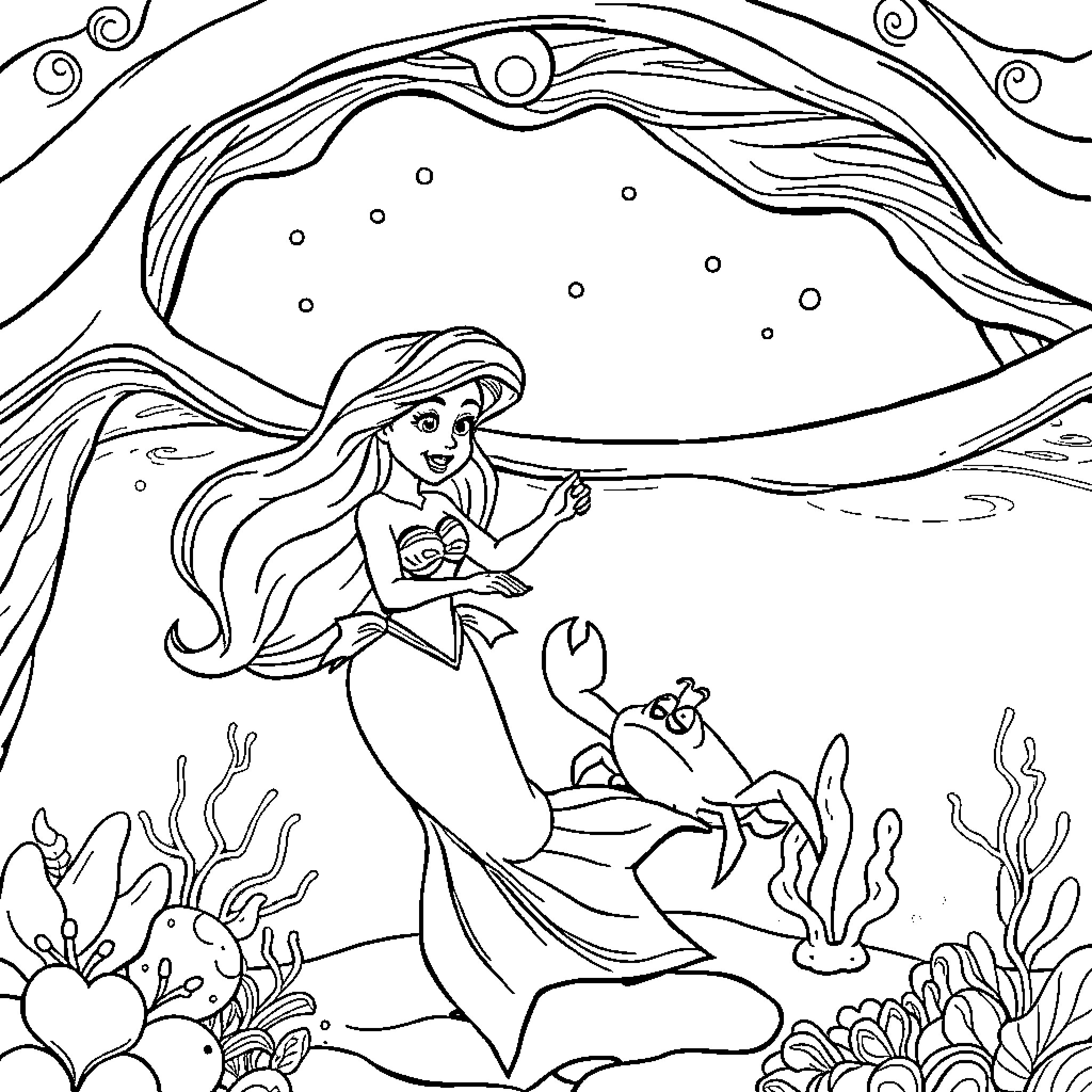 Mermaid swimming joyfully with underwater friends Coloring Page (free black-and-white line drawing printable PDF for all, from beginners to advanced learners, including children, teens, adults, and seniors)