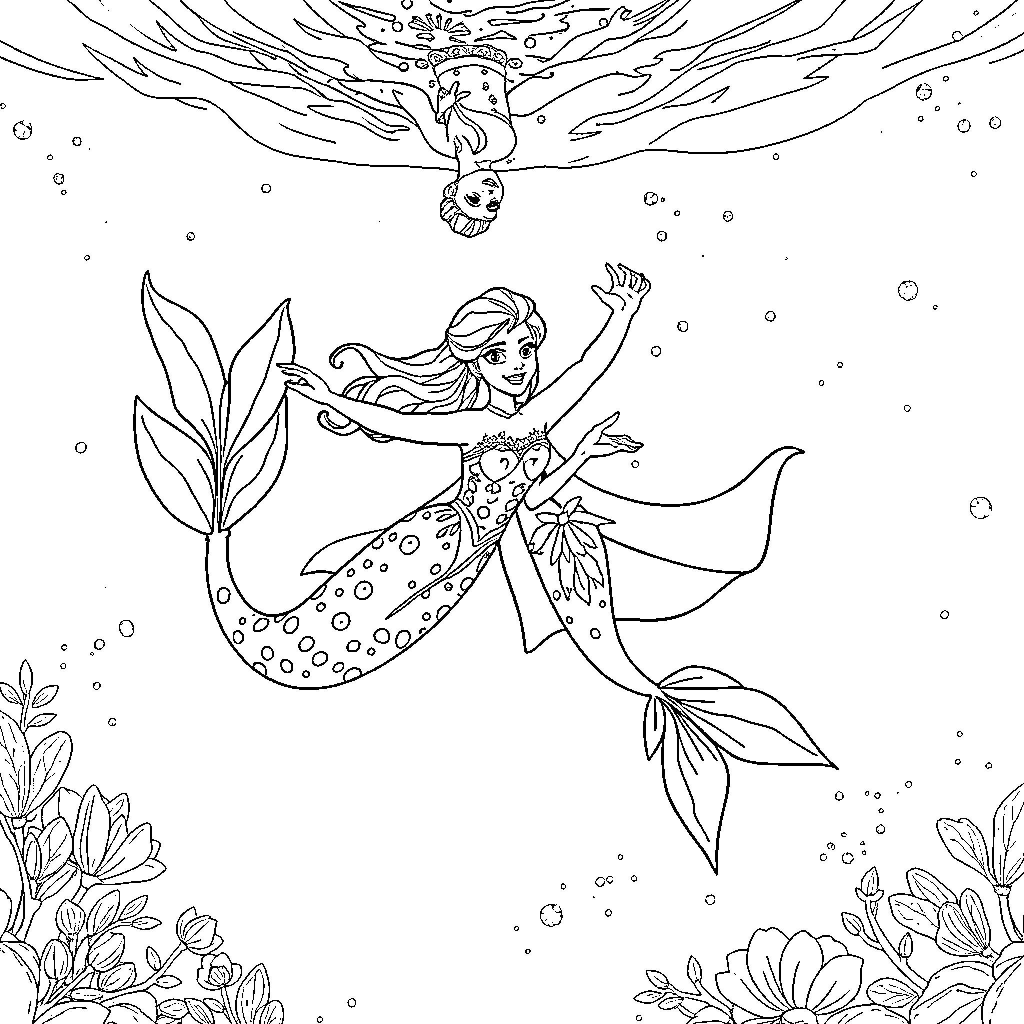 Mermaid swimming gracefully in the underwater world Coloring Page (free black-and-white line drawing printable PDF for all, from beginners to advanced learners, including children, teens, adults, and seniors)