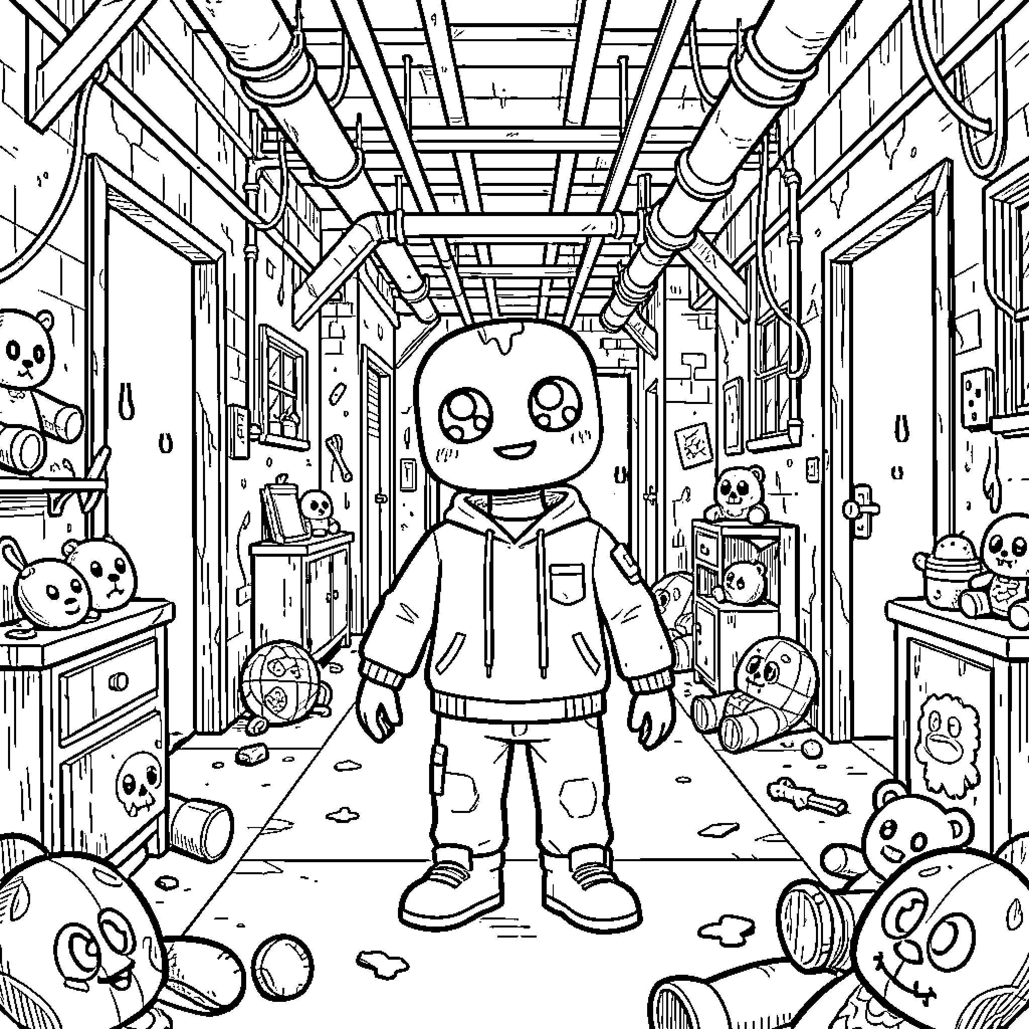 Poppy Playtime character standing in a cluttered room Coloring Page (free black-and-white line drawing printable PDF for all, from beginners to advanced learners, including children, teens, adults, and seniors)