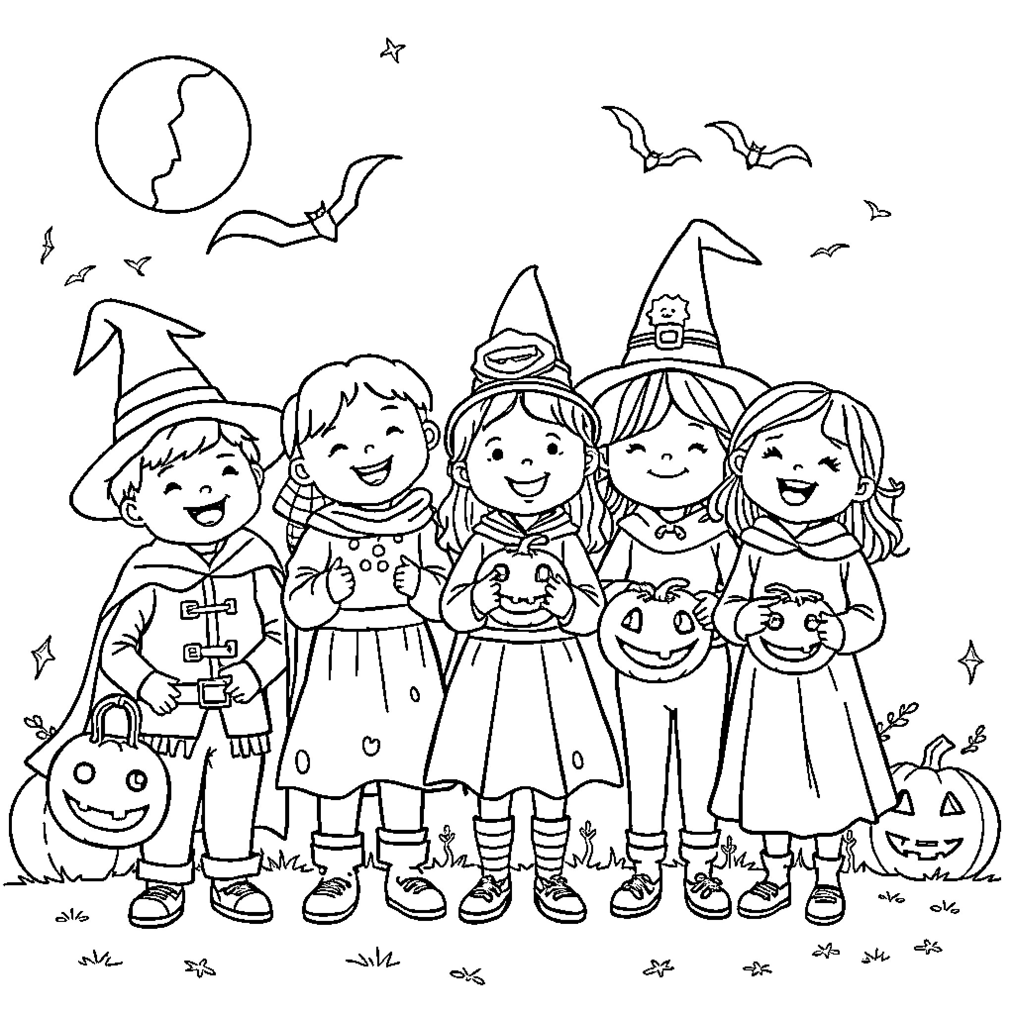 Child Trick-or-Treating on Halloween Night Coloring Page (free black-and-white line drawing printable PDF for all, from beginners to advanced learners, including children, teens, adults, and seniors)