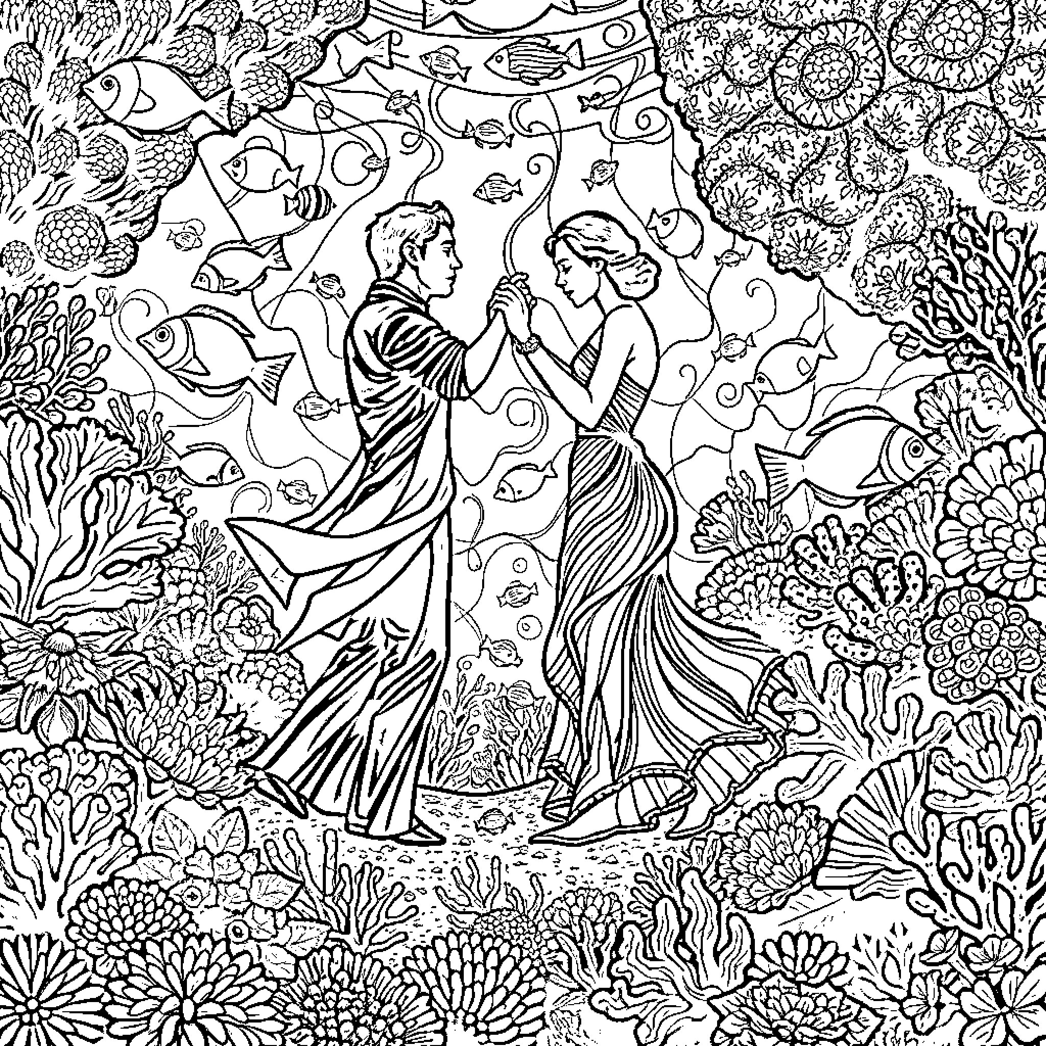 Tango Among the Coral Reef Coloring Page (free black-and-white line drawing printable PDF for all, from beginners to advanced learners, including children, teens, adults, and seniors)