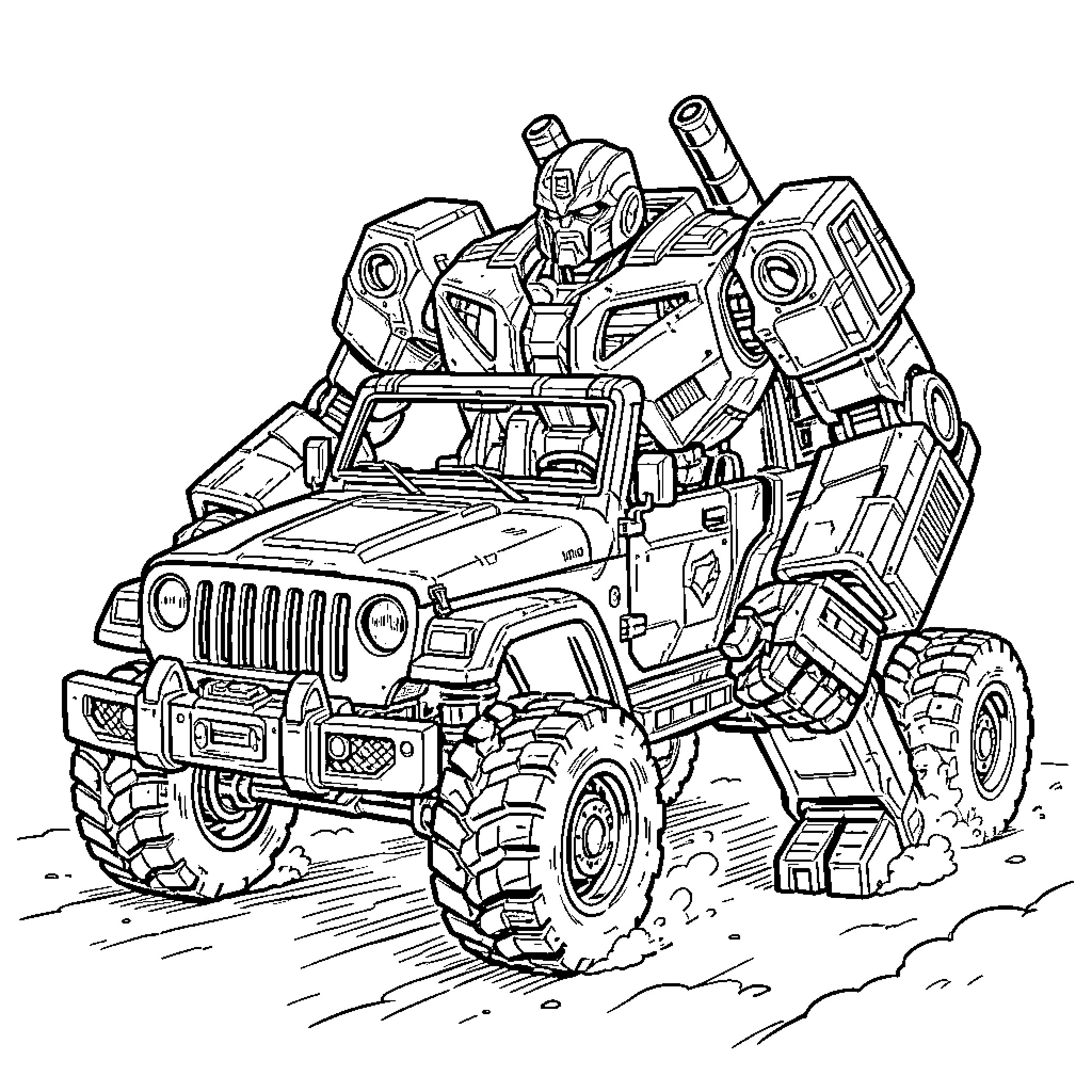 Grimlock transforms into a rugged off-road vehicle Coloring Page (free black-and-white line drawing printable PDF for all, from beginners to advanced learners, including children, teens, adults, and seniors)