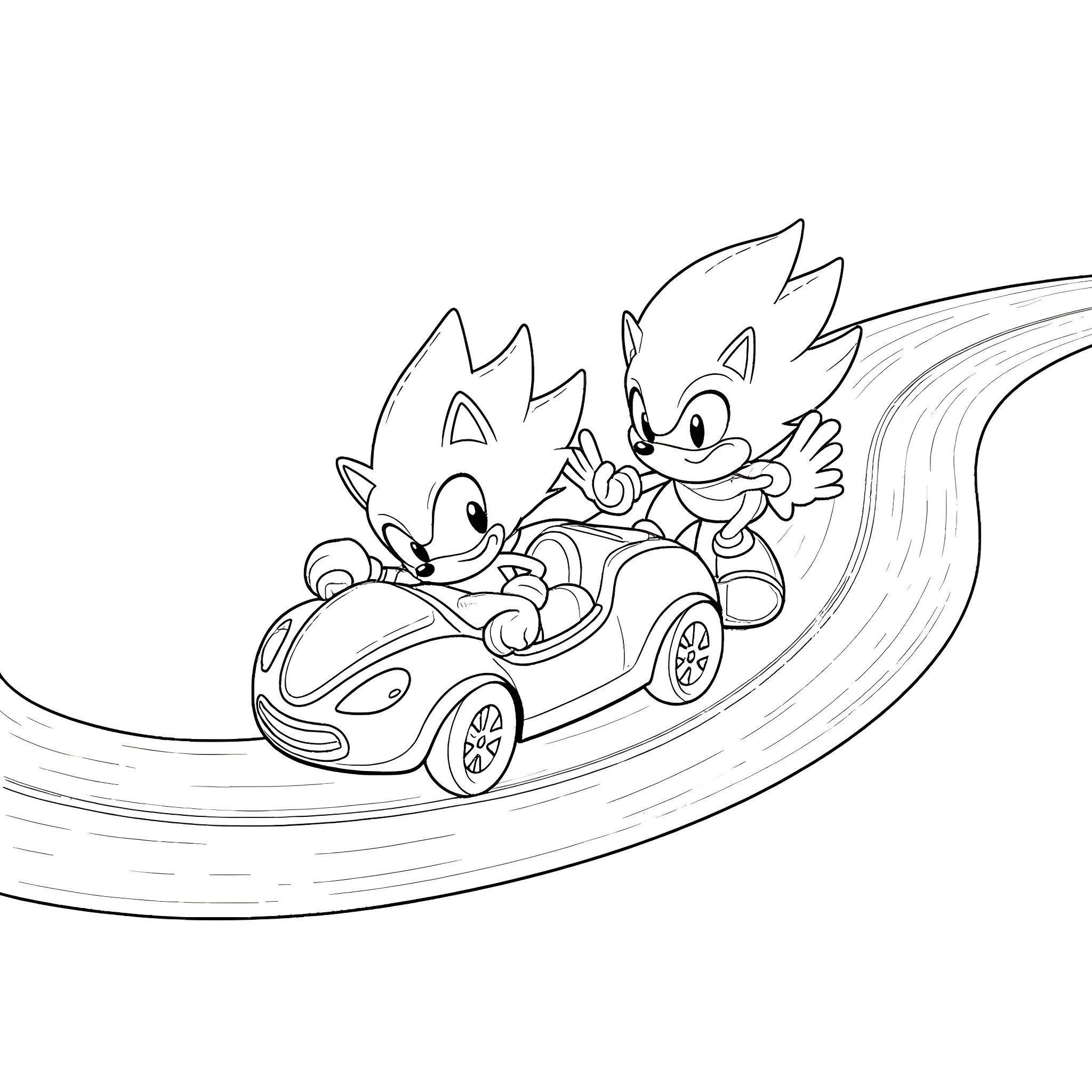 Sonic characters racing in a speedy car Coloring Page (free black-and-white line drawing printable PDF for all, from beginners to advanced learners, including children, teens, adults, and seniors)