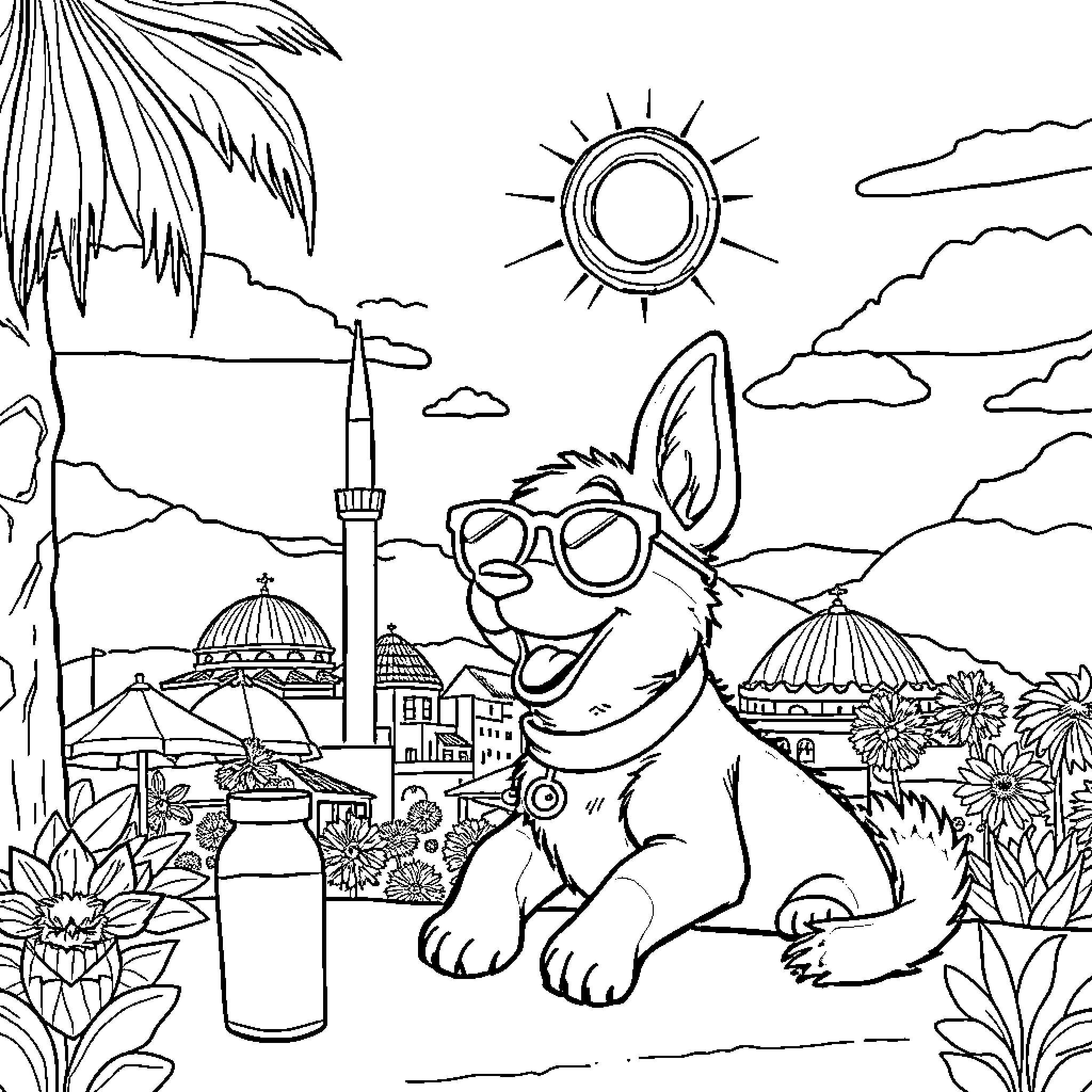 Bluey enjoying the sun and sights in a tropical paradise Coloring Page (free black-and-white line drawing printable PDF for all, from beginners to advanced learners, including children, teens, adults, and seniors)