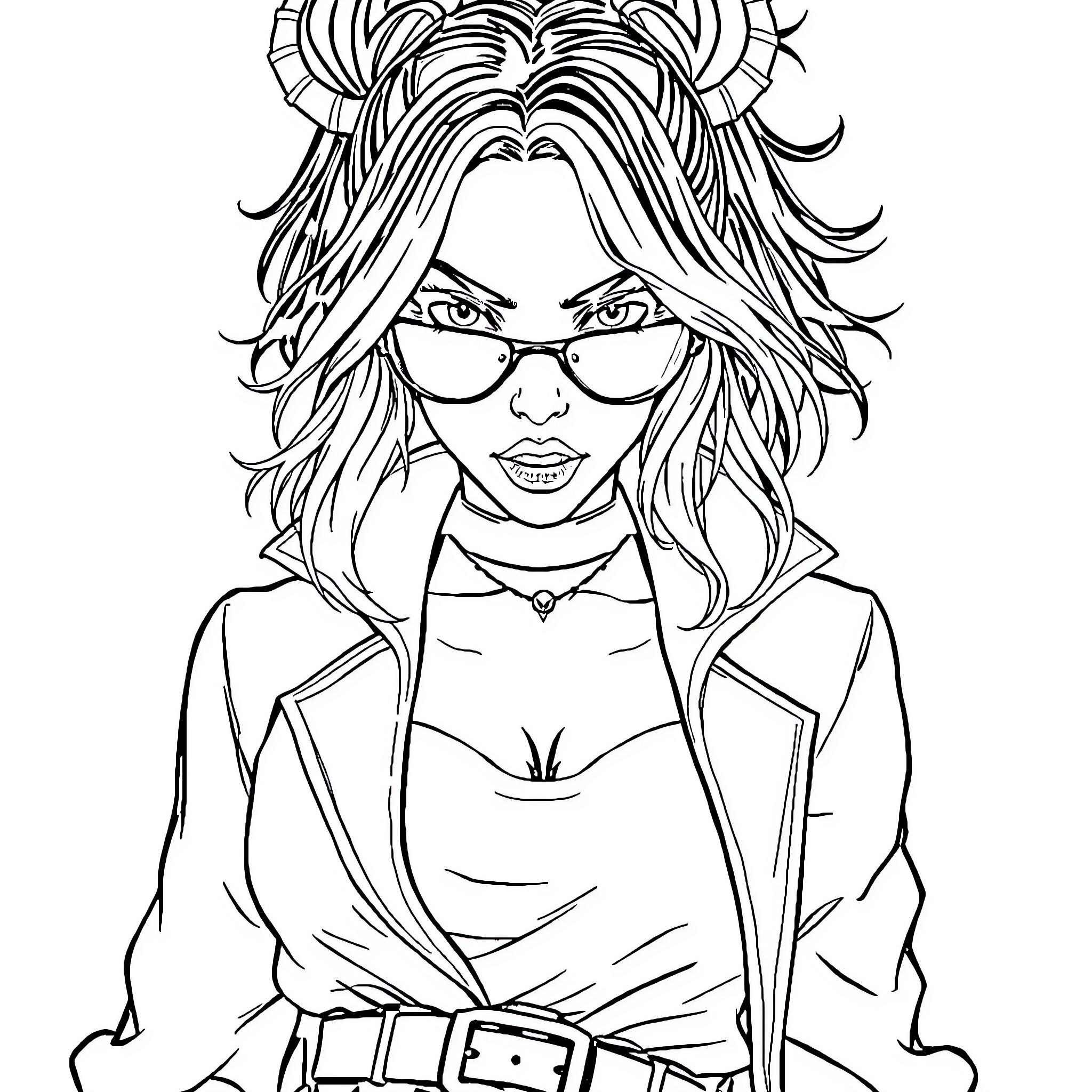 Mira's Stylish and Confident Persona Coloring Page (free black-and-white line drawing printable PDF for all, from beginners to advanced learners, including children, teens, adults, and seniors)