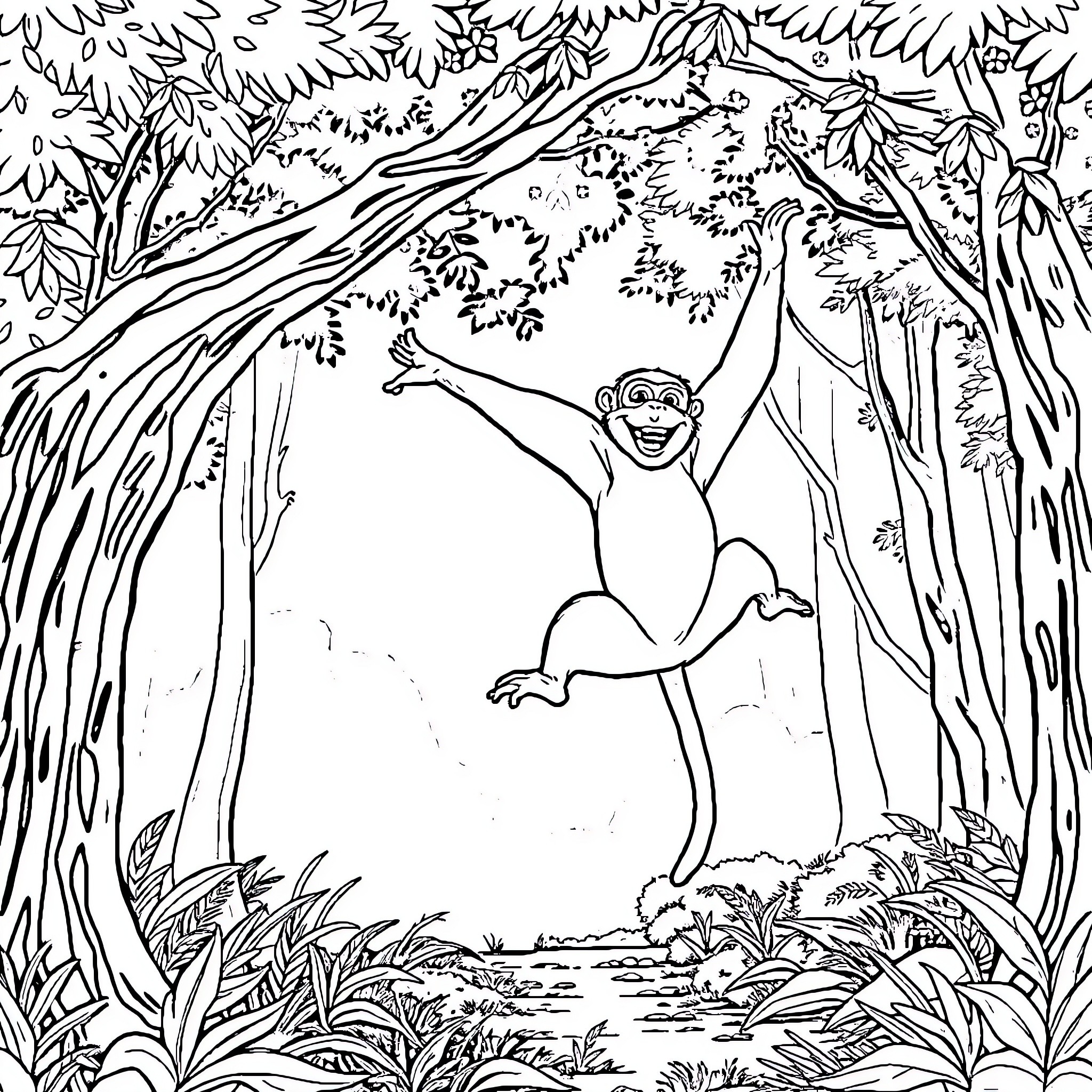 Single Primate Swinging in the Forest Coloring Page (free black-and-white line drawing printable PDF for all, from beginners to advanced learners, including children, teens, adults, and seniors)