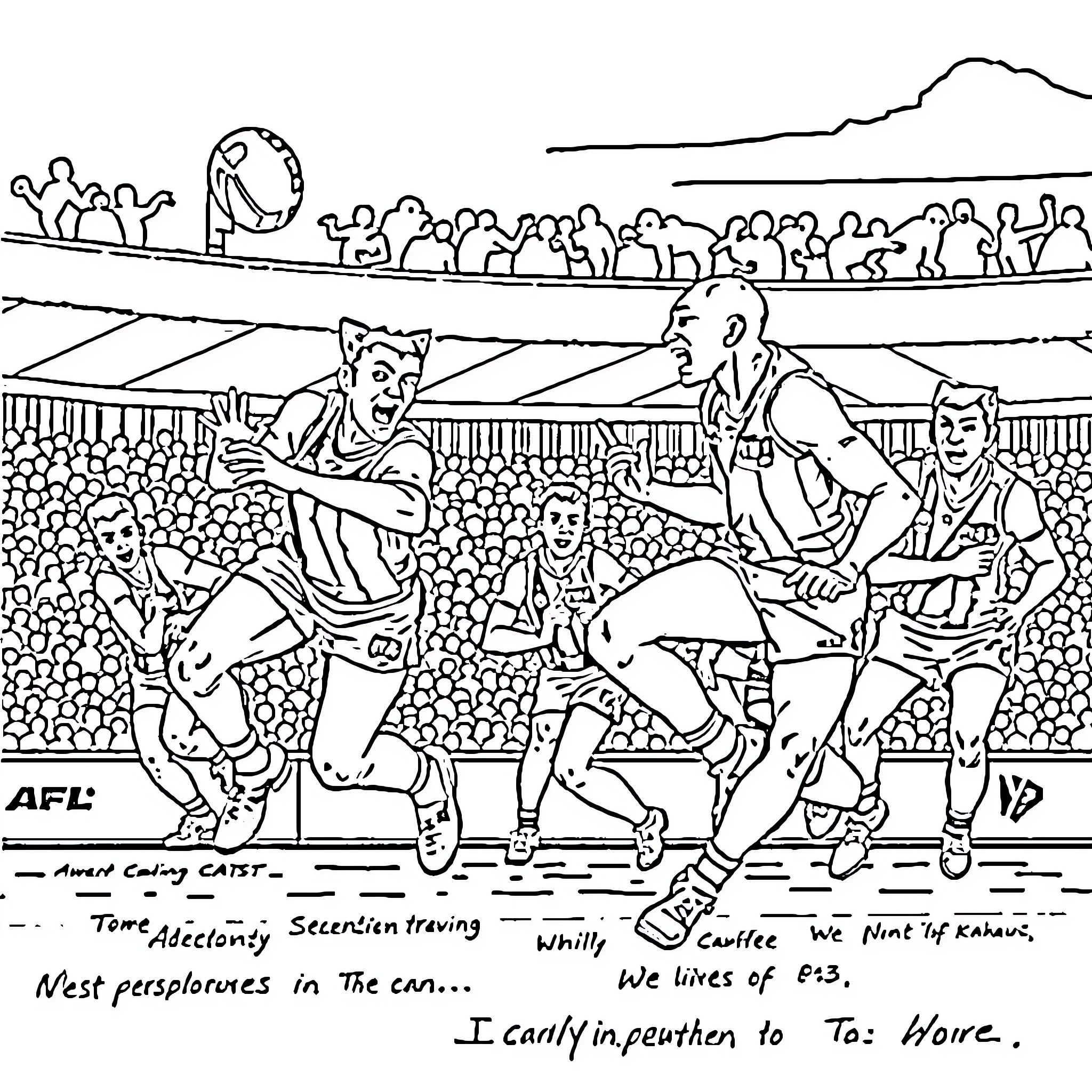 Cat's Exciting Game on the Field Coloring Page (free black-and-white line drawing printable PDF for all, from beginners to advanced learners, including children, teens, adults, and seniors)