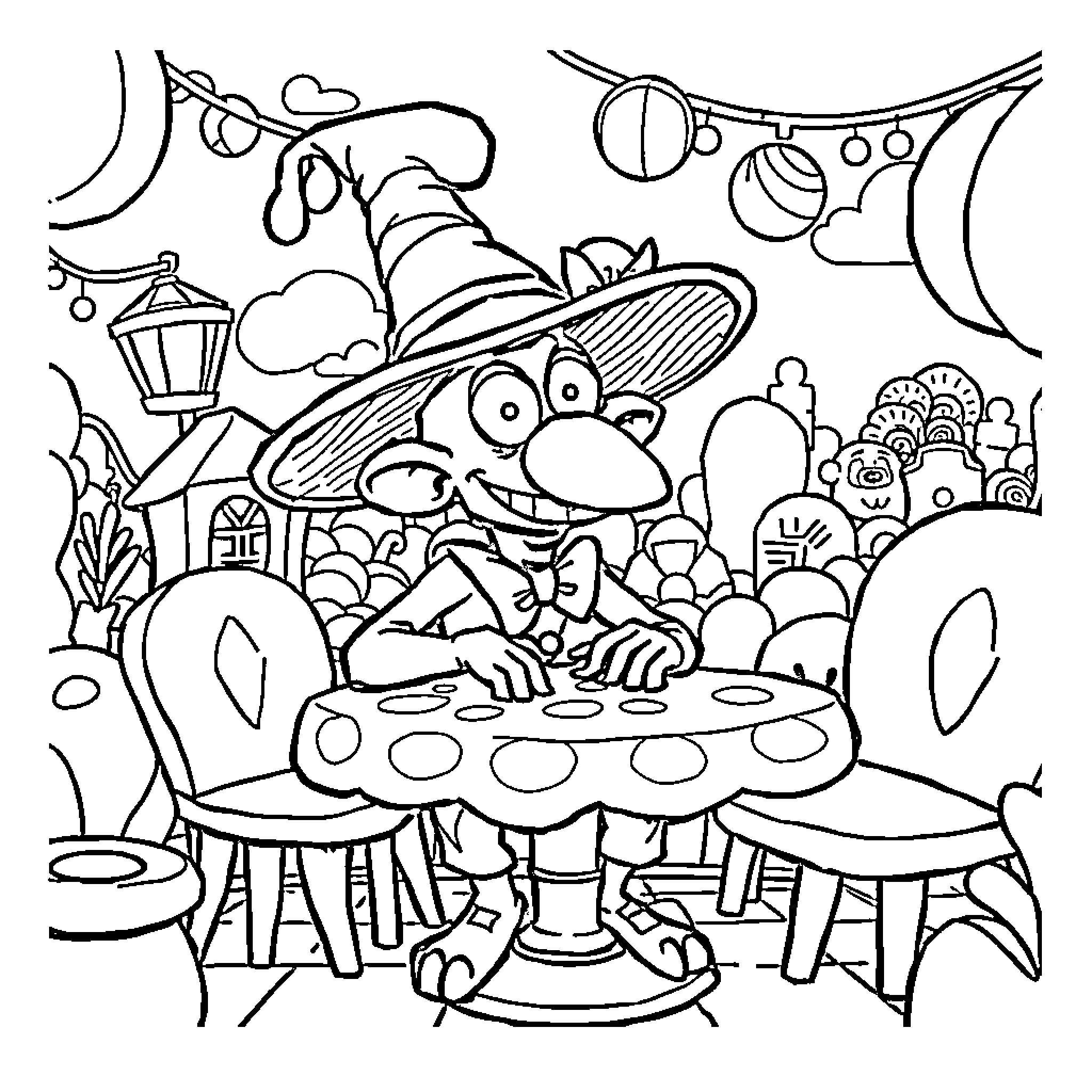 Rauxl Kaard's Whimsical Gathering in the Town Square Coloring Page (free black-and-white line drawing printable PDF for all, from beginners to advanced learners, including children, teens, adults, and seniors)