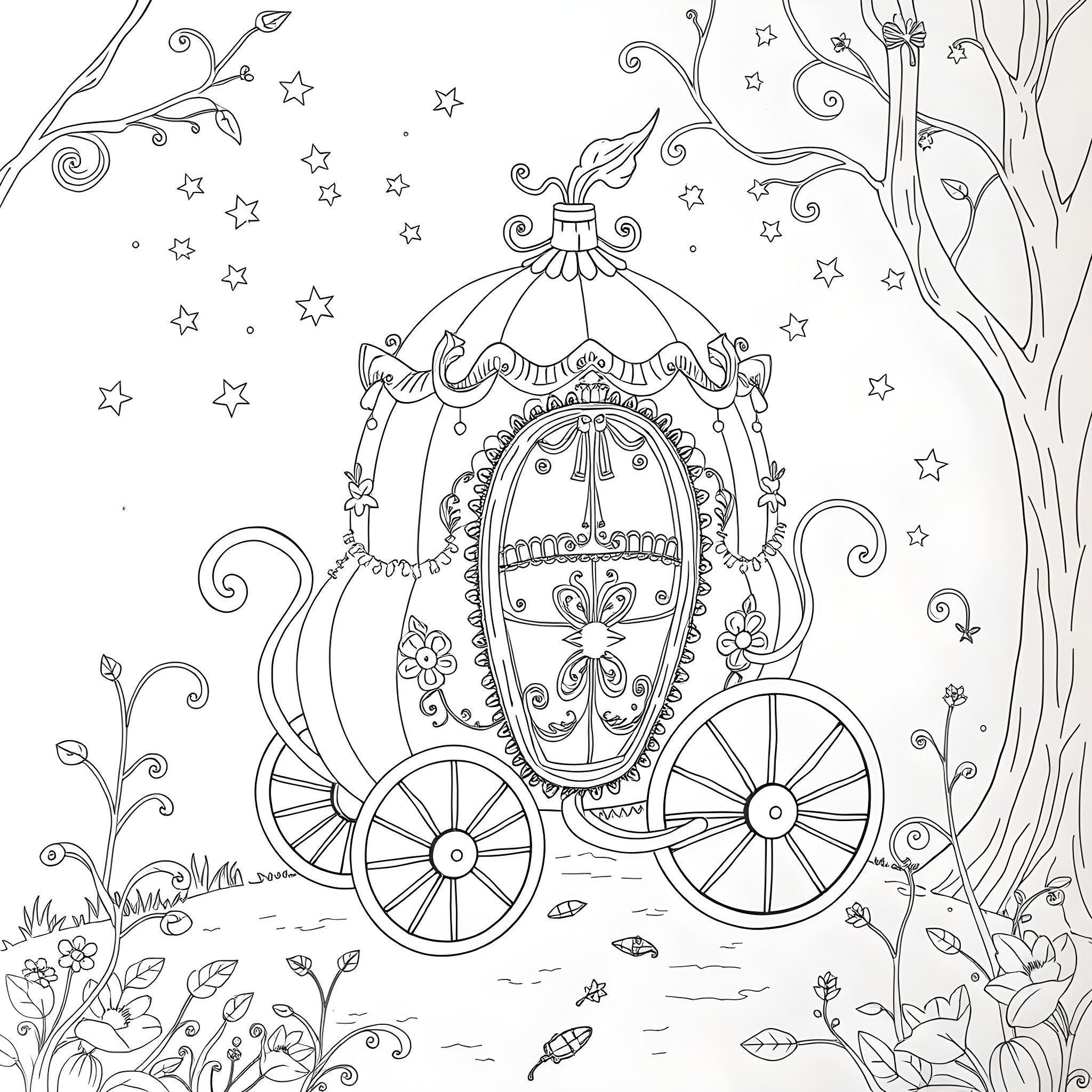 Cinderella's magical carriage under the starry night sky Coloring Page (free black-and-white line drawing printable PDF for all, from beginners to advanced learners, including children, teens, adults, and seniors)