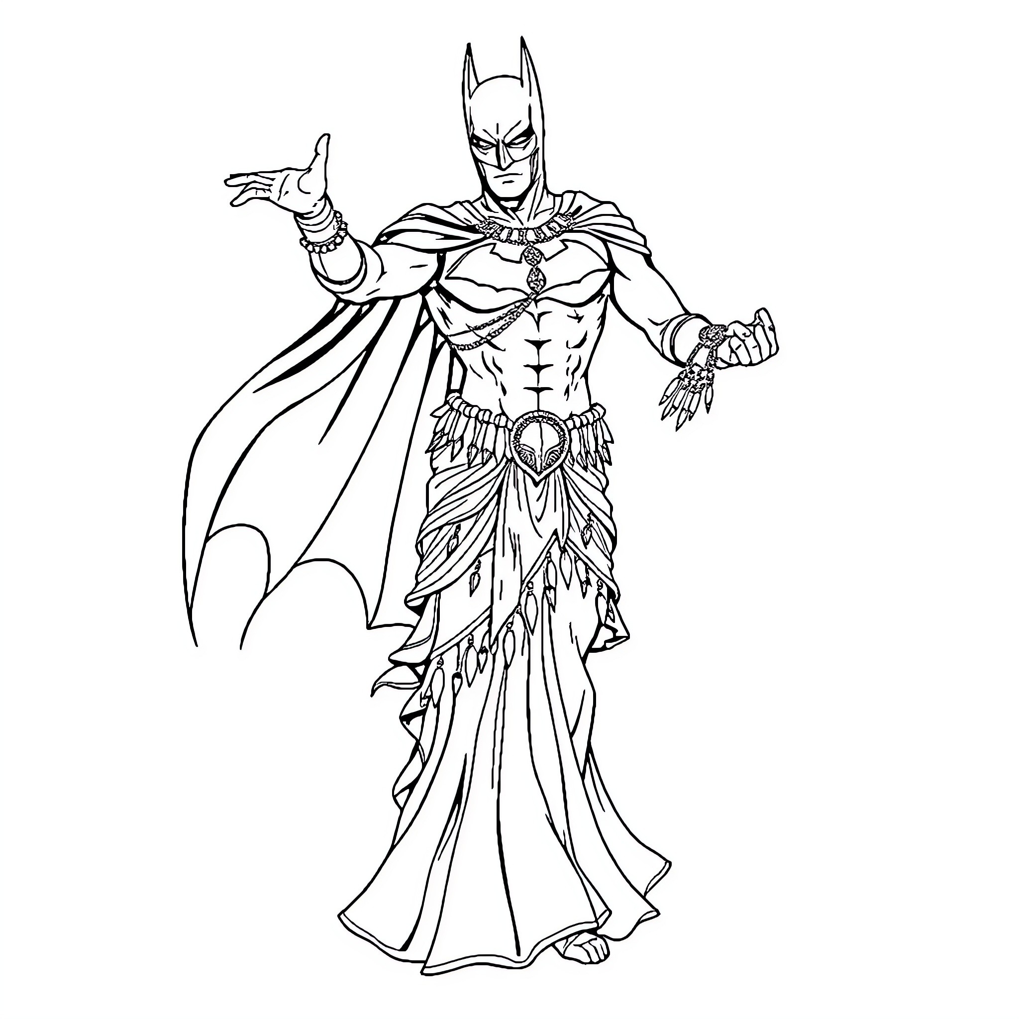 Batman in majestic heroic pose Coloring Page (free black-and-white line drawing printable PDF for all, from beginners to advanced learners, including children, teens, adults, and seniors)