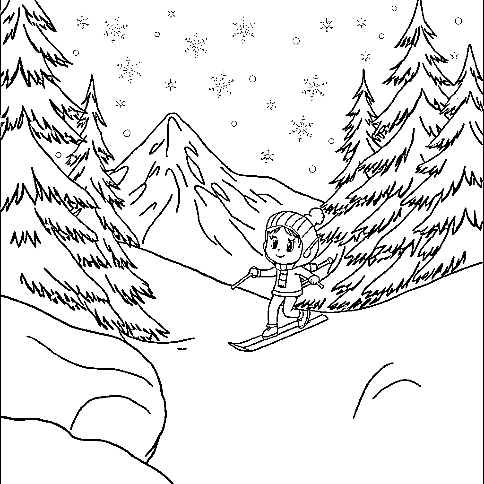 Poppy's Snowy Mountain Adventure Coloring Page (free black-and-white line drawing printable PDF for all, from beginners to advanced learners, including children, teens, adults, and seniors)