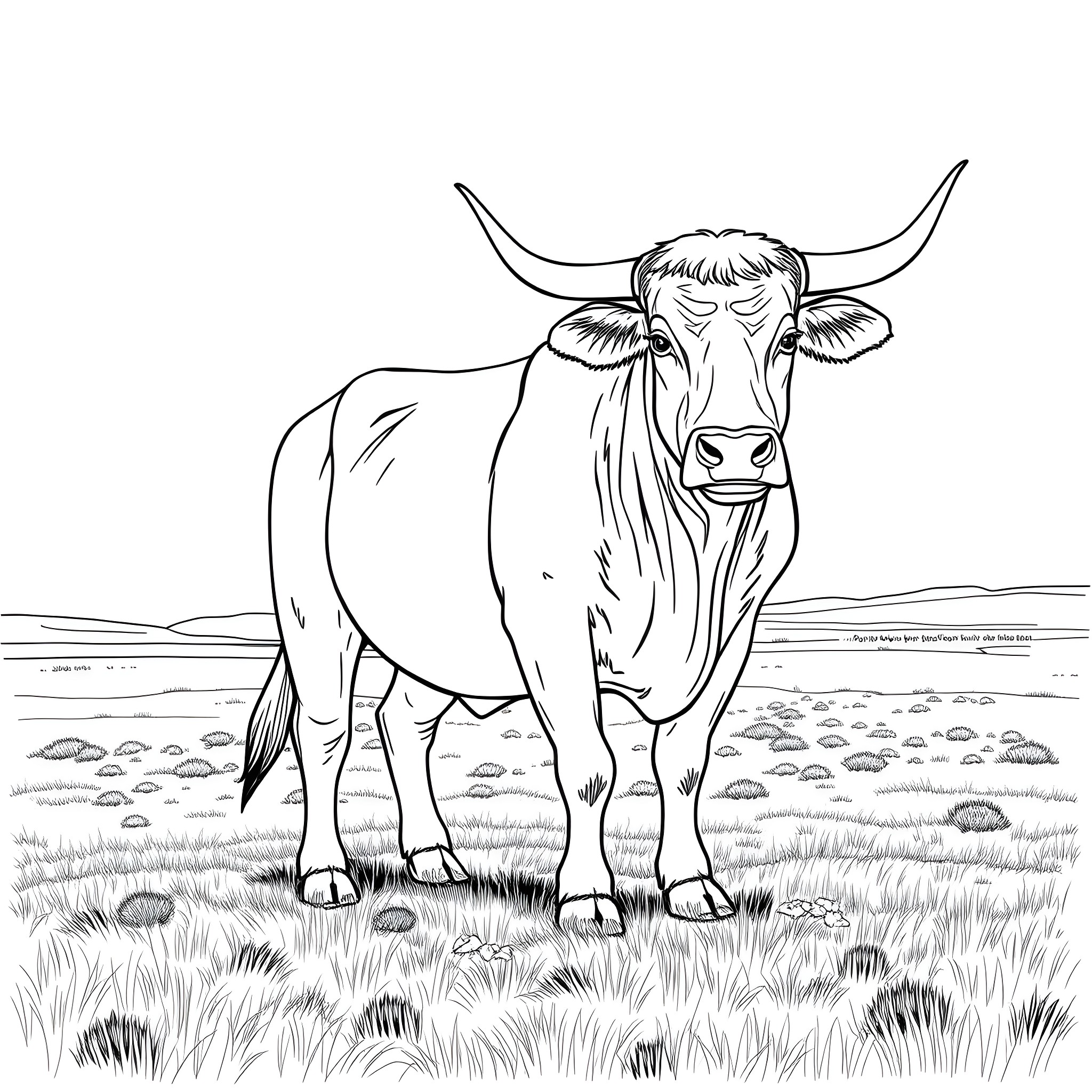 Ox standing calmly in a grassy field Coloring Page (free black-and-white line drawing printable PDF for all, from beginners to advanced learners, including children, teens, adults, and seniors)