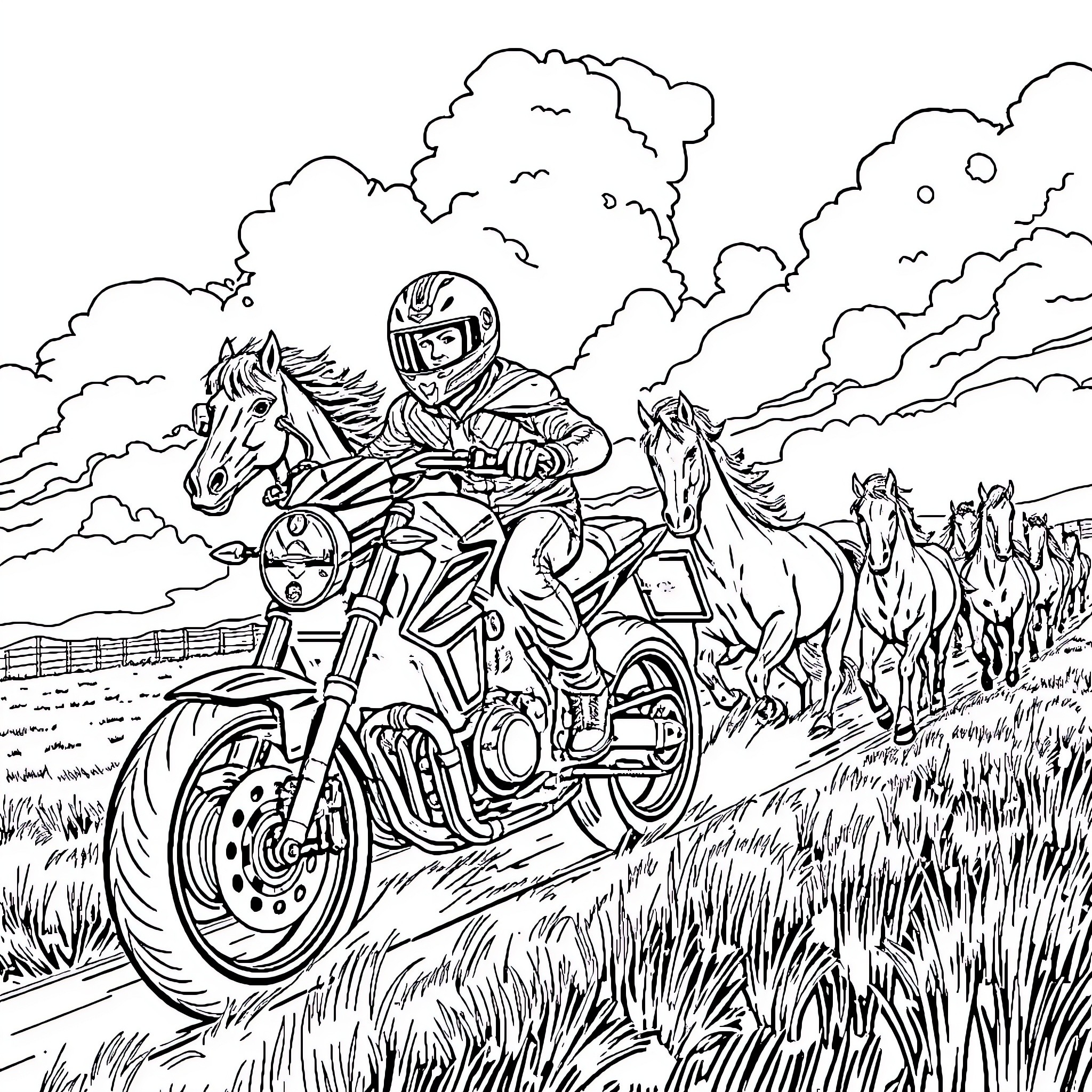 Motorcycle rider racing through a field with horses Coloring Page (free black-and-white line drawing printable PDF for all, from beginners to advanced learners, including children, teens, adults, and seniors)