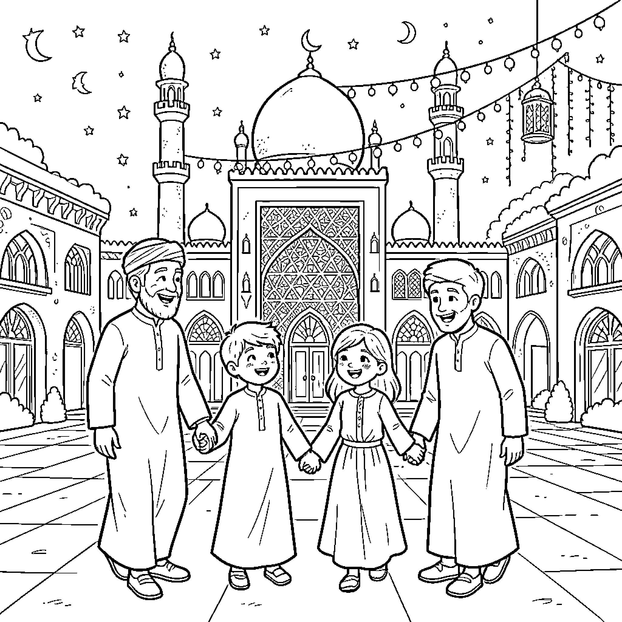 Family Exploring the Vibrant Islamic Architecture Coloring Page (free black-and-white line drawing printable PDF for all, from beginners to advanced learners, including children, teens, adults, and seniors)
