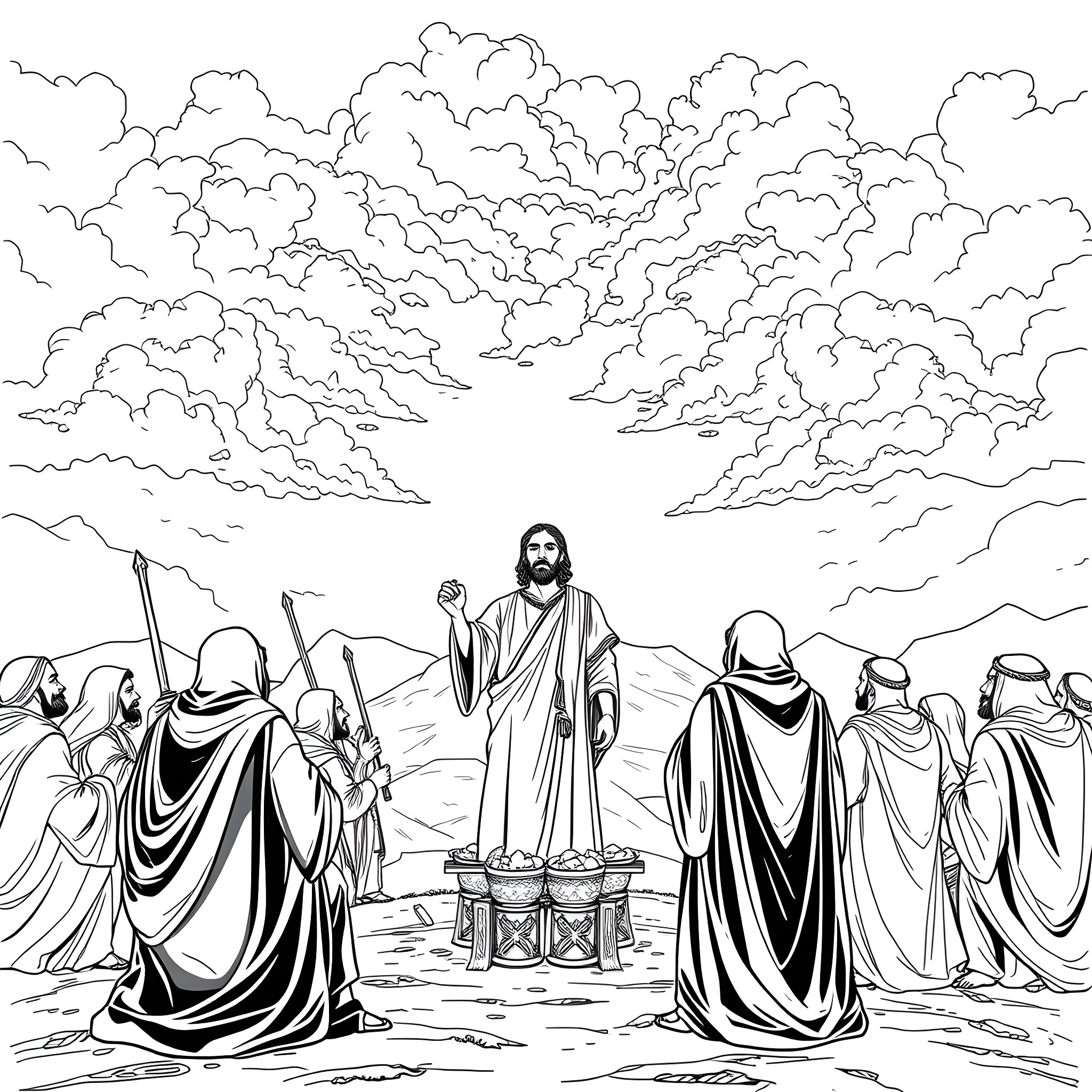 Elijah addressing a crowd with religious figures Coloring Page (free black-and-white line drawing printable PDF for all, from beginners to advanced learners, including children, teens, adults, and seniors)