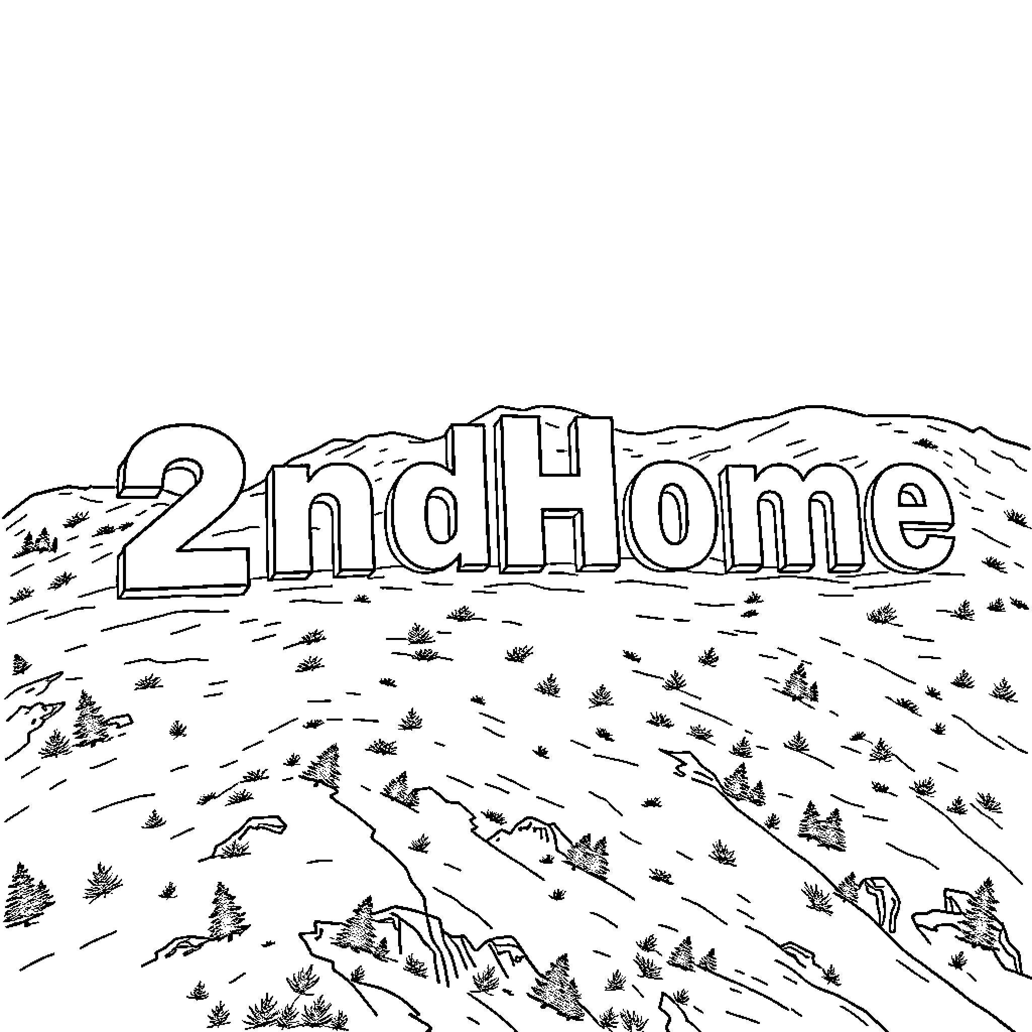 Sign of 2nd home on mountainous landscape Coloring Page (free black-and-white line drawing printable PDF for all, from beginners to advanced learners, including children, teens, adults, and seniors)