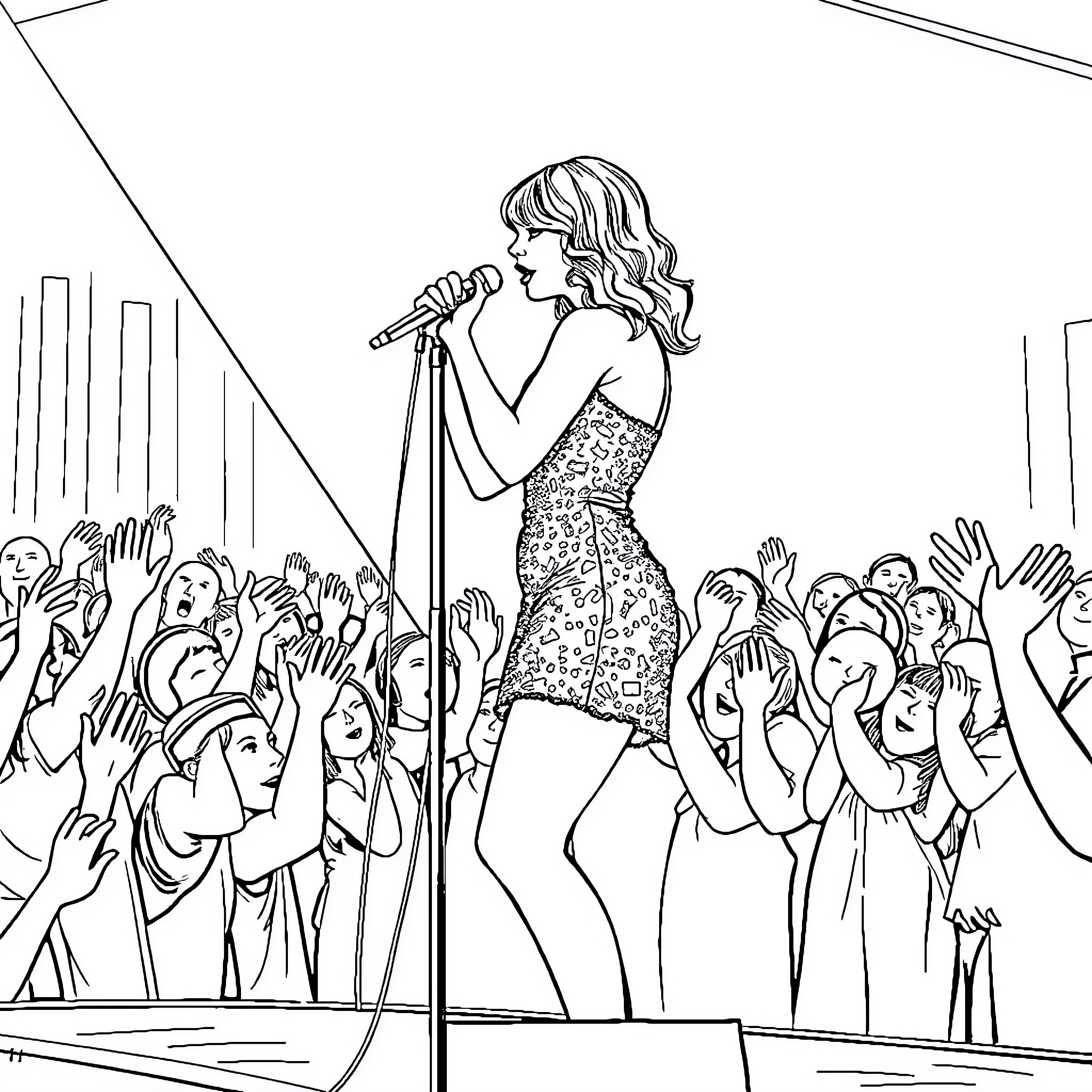 Taylor Swift performing on stage before cheering crowd Coloring Page (free black-and-white line drawing printable PDF for all, from beginners to advanced learners, including children, teens, adults, and seniors)