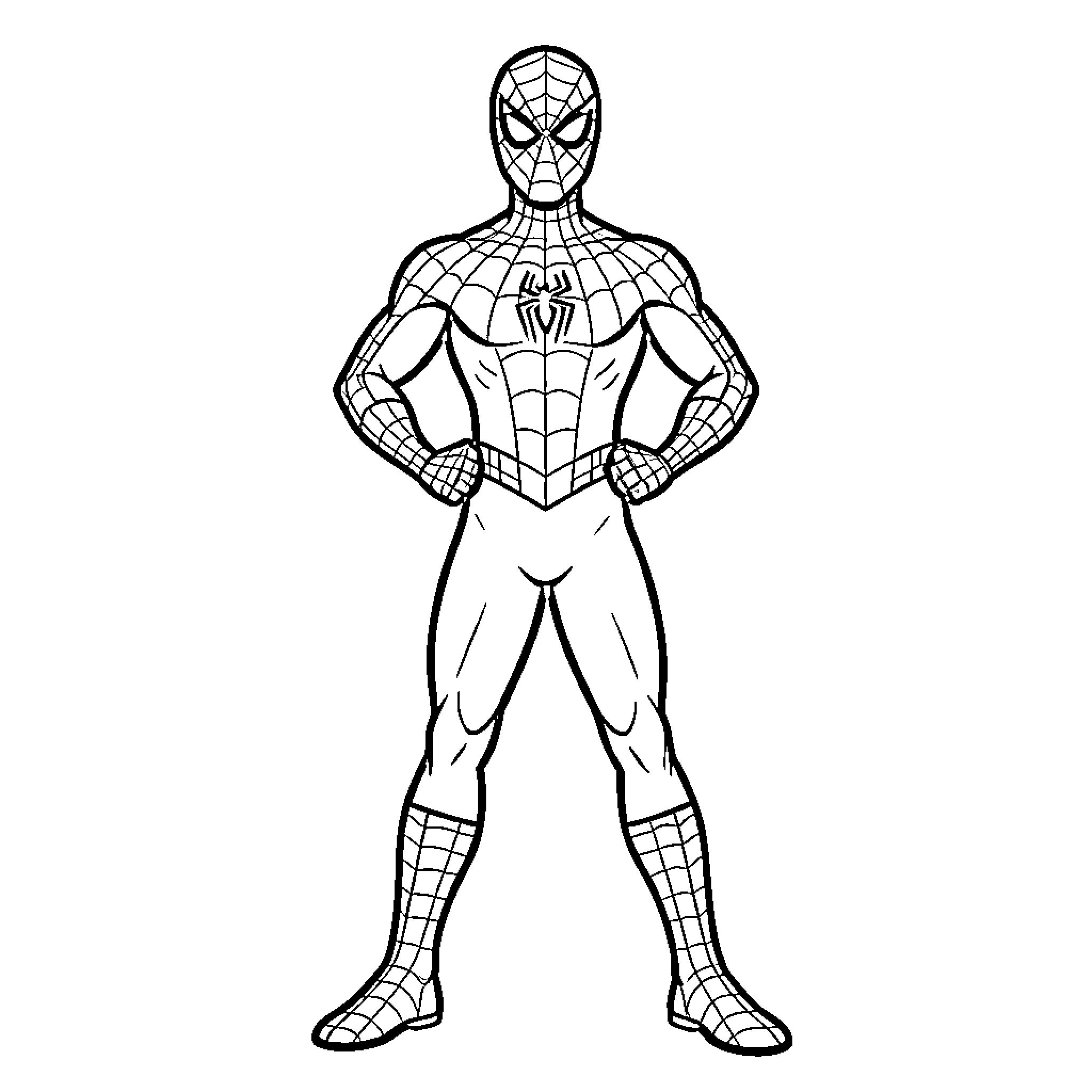 Spidey hero in classic costume and pose Coloring Page (free black-and-white line drawing printable PDF for all, from beginners to advanced learners, including children, teens, adults, and seniors)