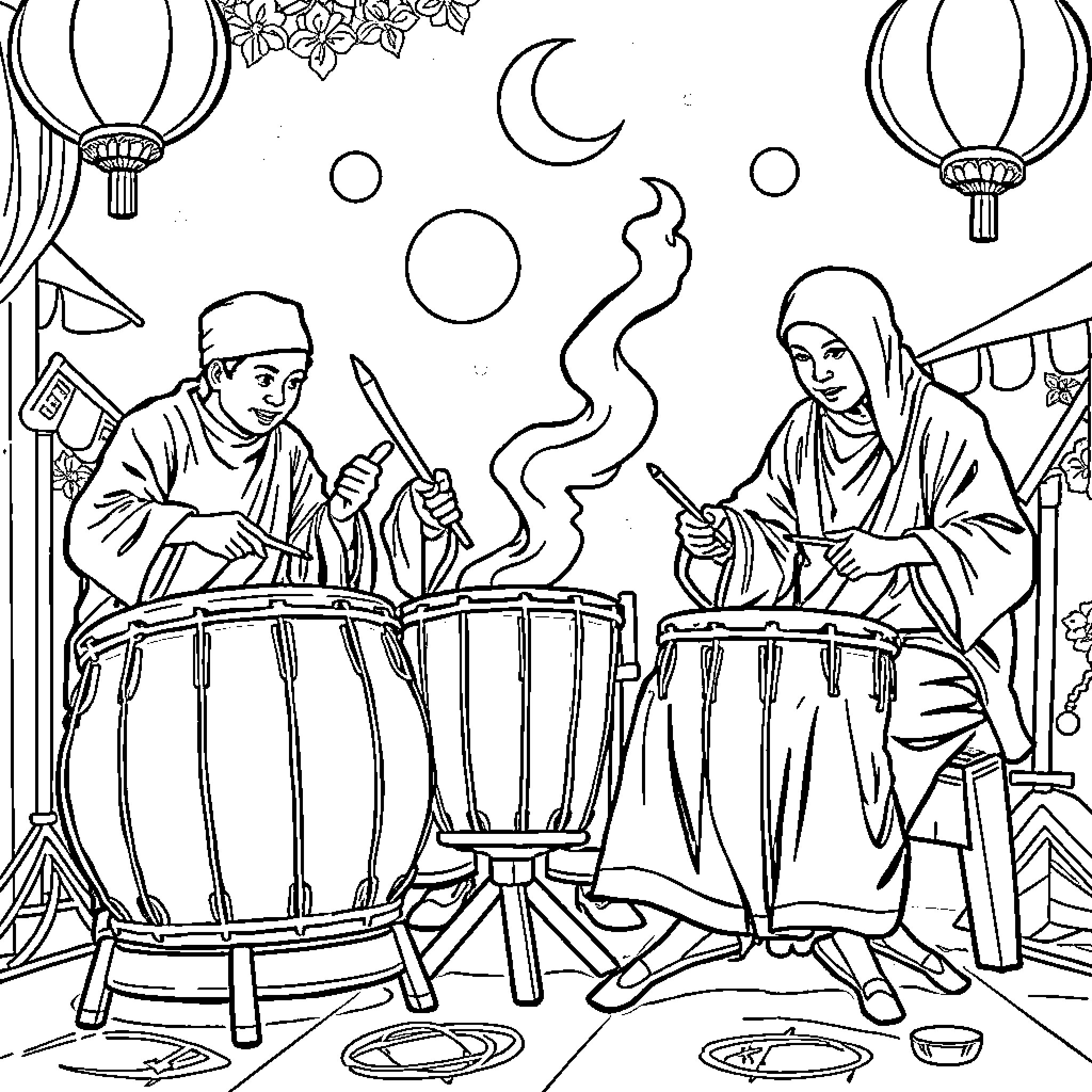 Sahur traditions: drumming and preparations Coloring Page (free black-and-white line drawing printable PDF for all, from beginners to advanced learners, including children, teens, adults, and seniors)