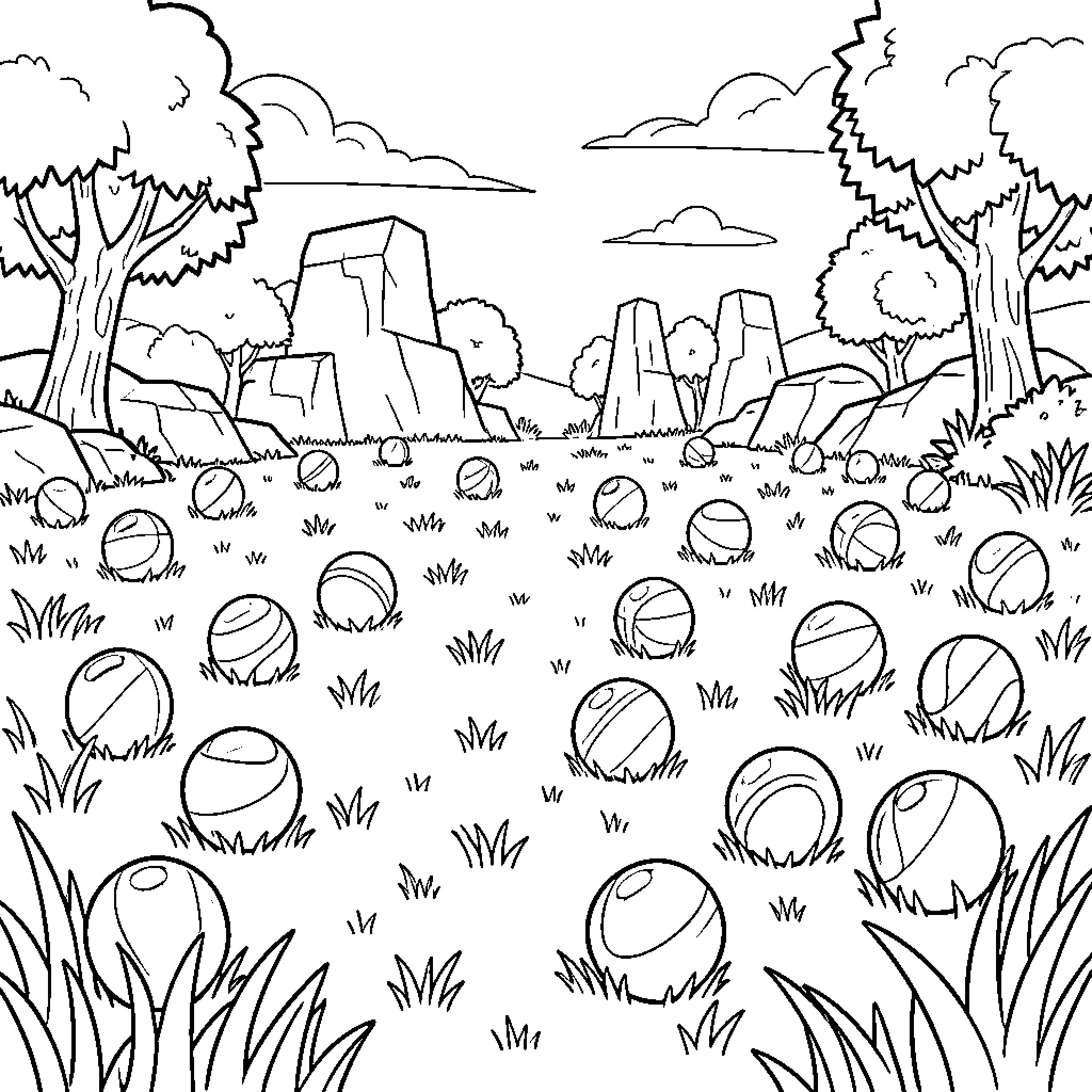 Fortnite Ball: Mysterious Spheres in Scenic Landscape Coloring Page (free black-and-white line drawing printable PDF for all, from beginners to advanced learners, including children, teens, adults, and seniors)