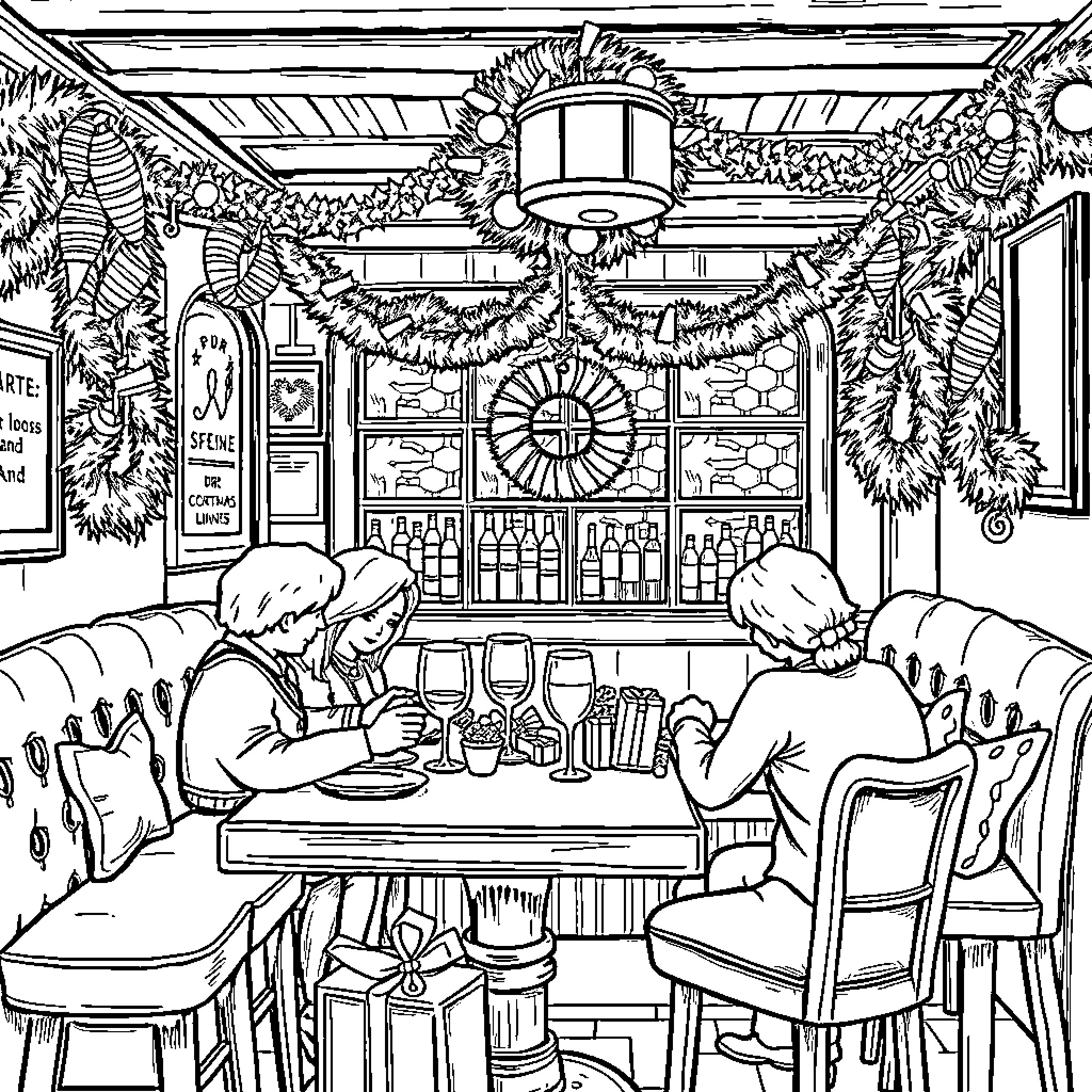 Christmas Celebration in a Festive Restaurant Coloring Page (free black-and-white line drawing printable PDF for all, from beginners to advanced learners, including children, teens, adults, and seniors)