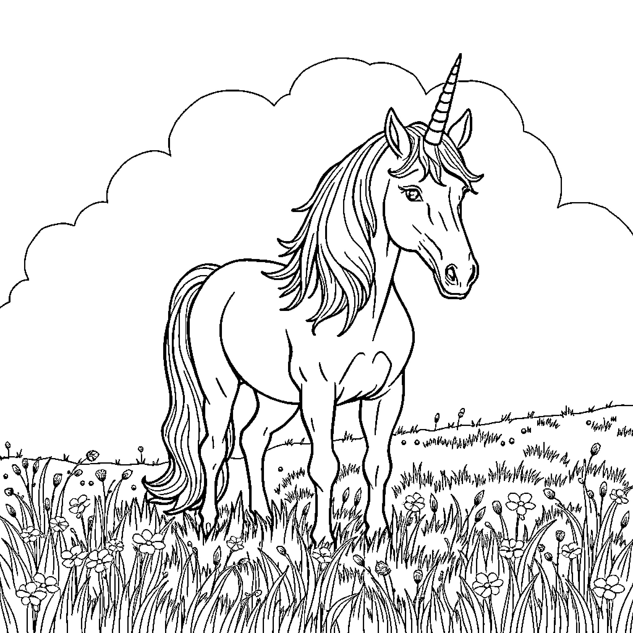 Unicorn standing majestically in a grassy field Coloring Page (free black-and-white line drawing printable PDF for all, from beginners to advanced learners, including children, teens, adults, and seniors)