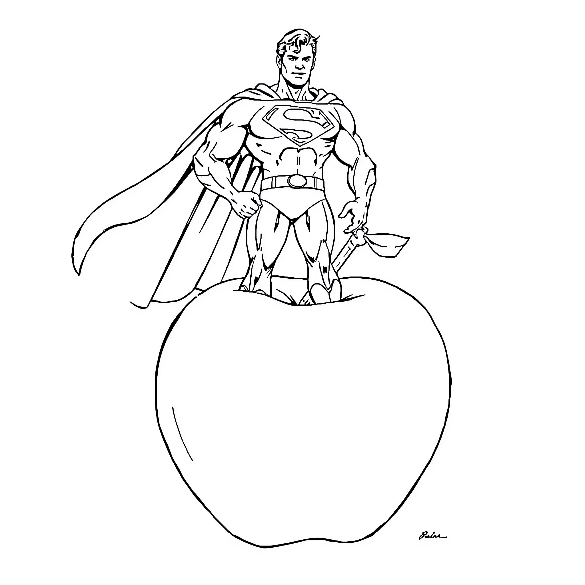 Superman standing heroically on an apple Coloring Page (free black-and-white line drawing printable PDF for all, from beginners to advanced learners, including children, teens, adults, and seniors)